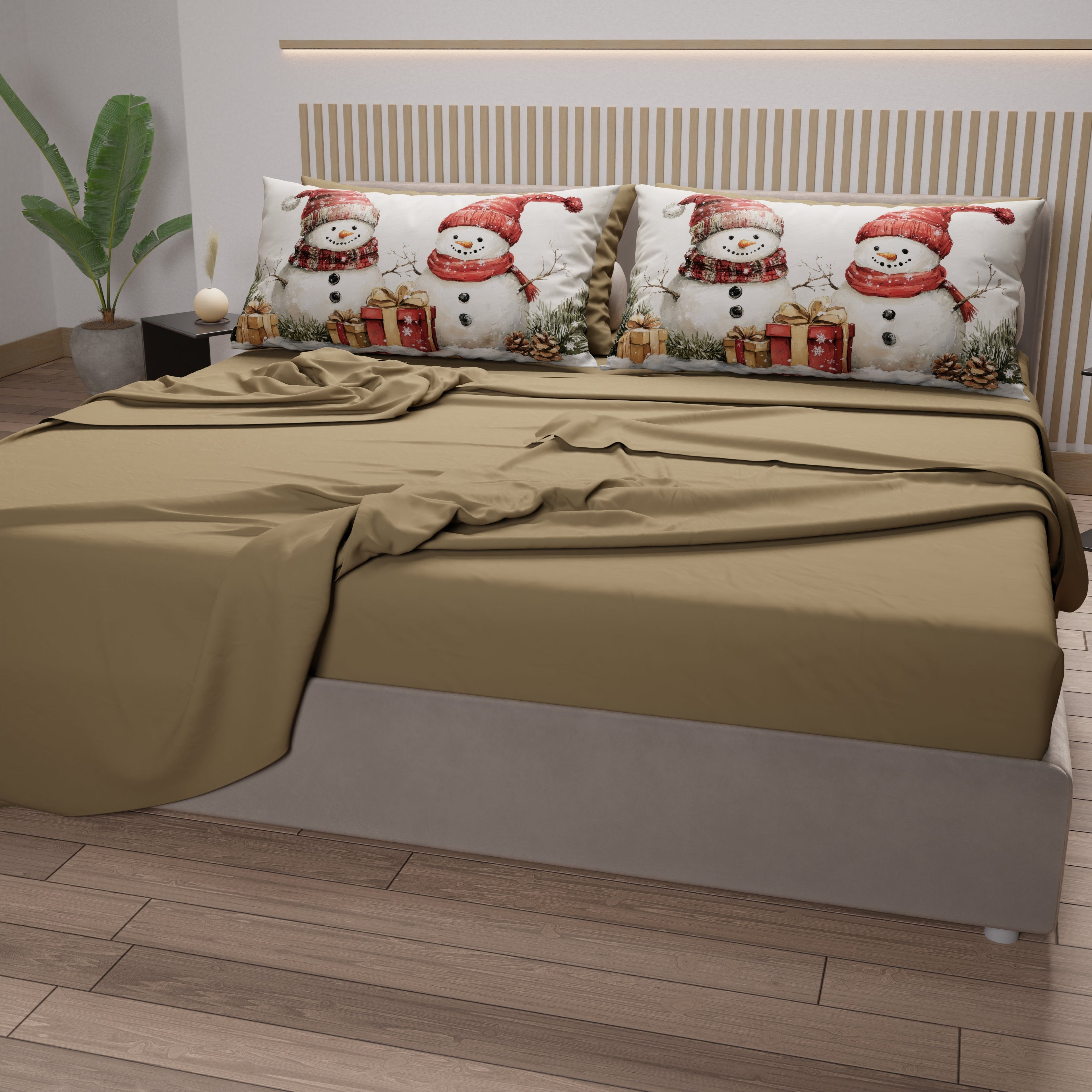Lenzuola Natalizie in Cotone, Completo Letto con Federe in Stampa Digitale Pupazzo 01