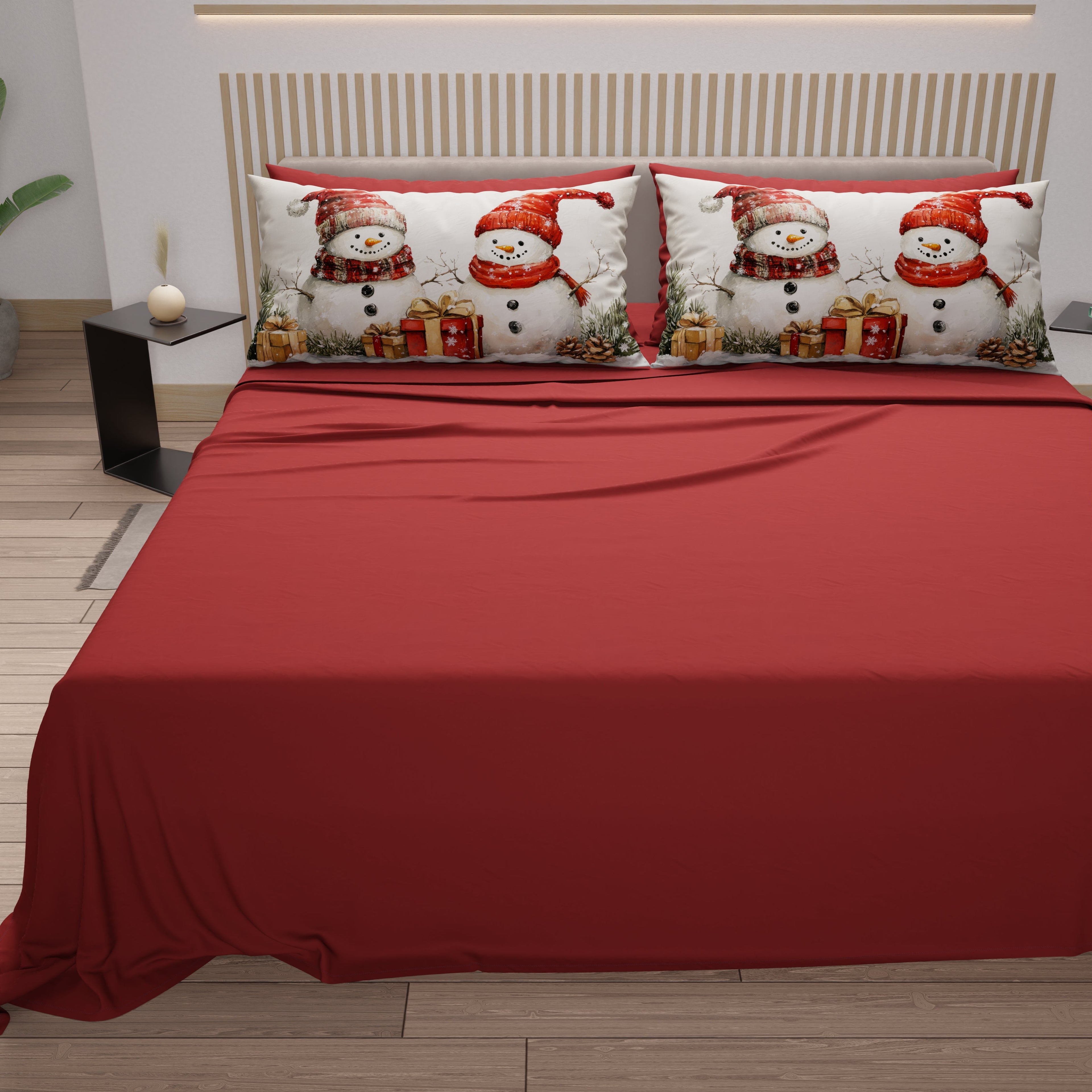 Lenzuola Natalizie in Cotone, Completo Letto con Federe in Stampa Digitale Pupazzo 01
