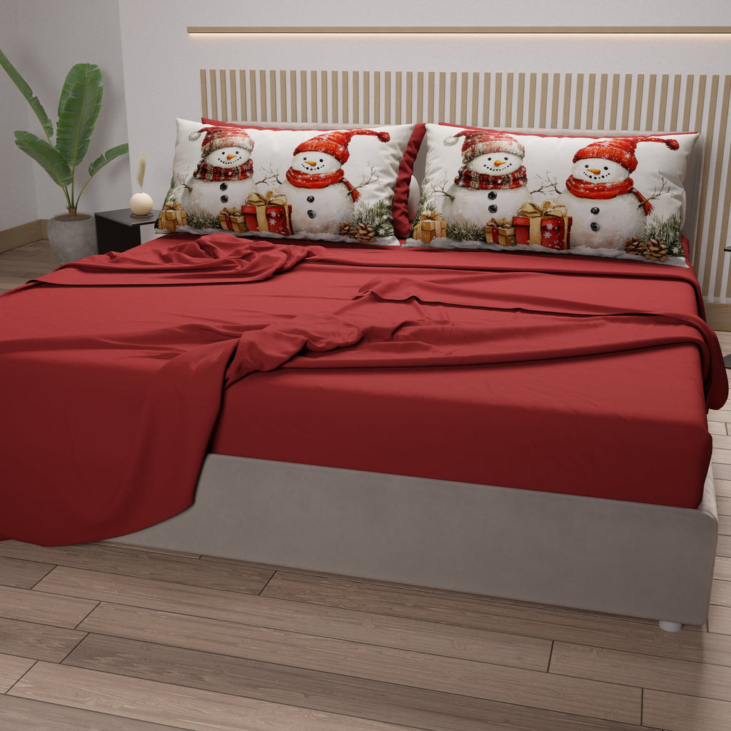 Lenzuola Natalizie in Cotone, Completo Letto con Federe in Stampa Digitale Pupazzo 01