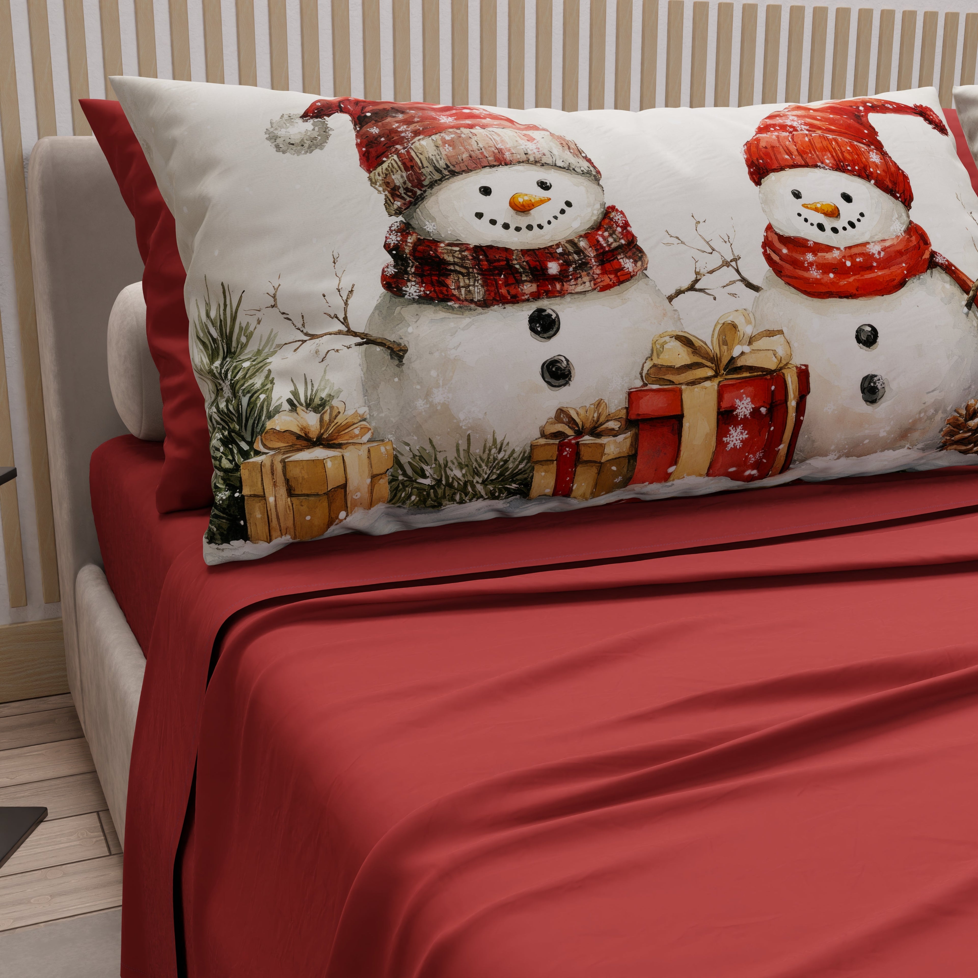 Lenzuola Natalizie in Cotone, Completo Letto con Federe in Stampa Digitale Pupazzo 01
