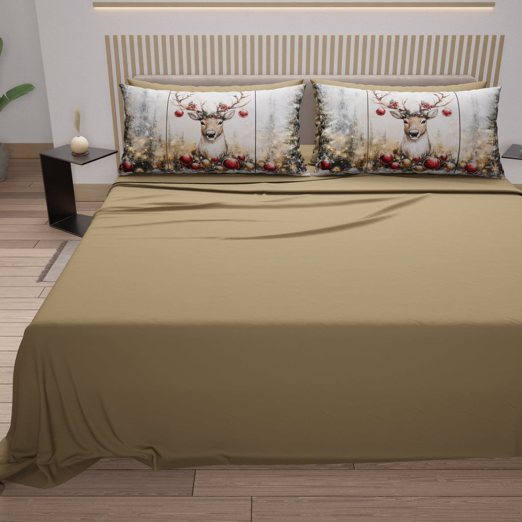 Lenzuola Natalizie in Cotone, Completo Letto con Federe in Stampa Digitale Renna