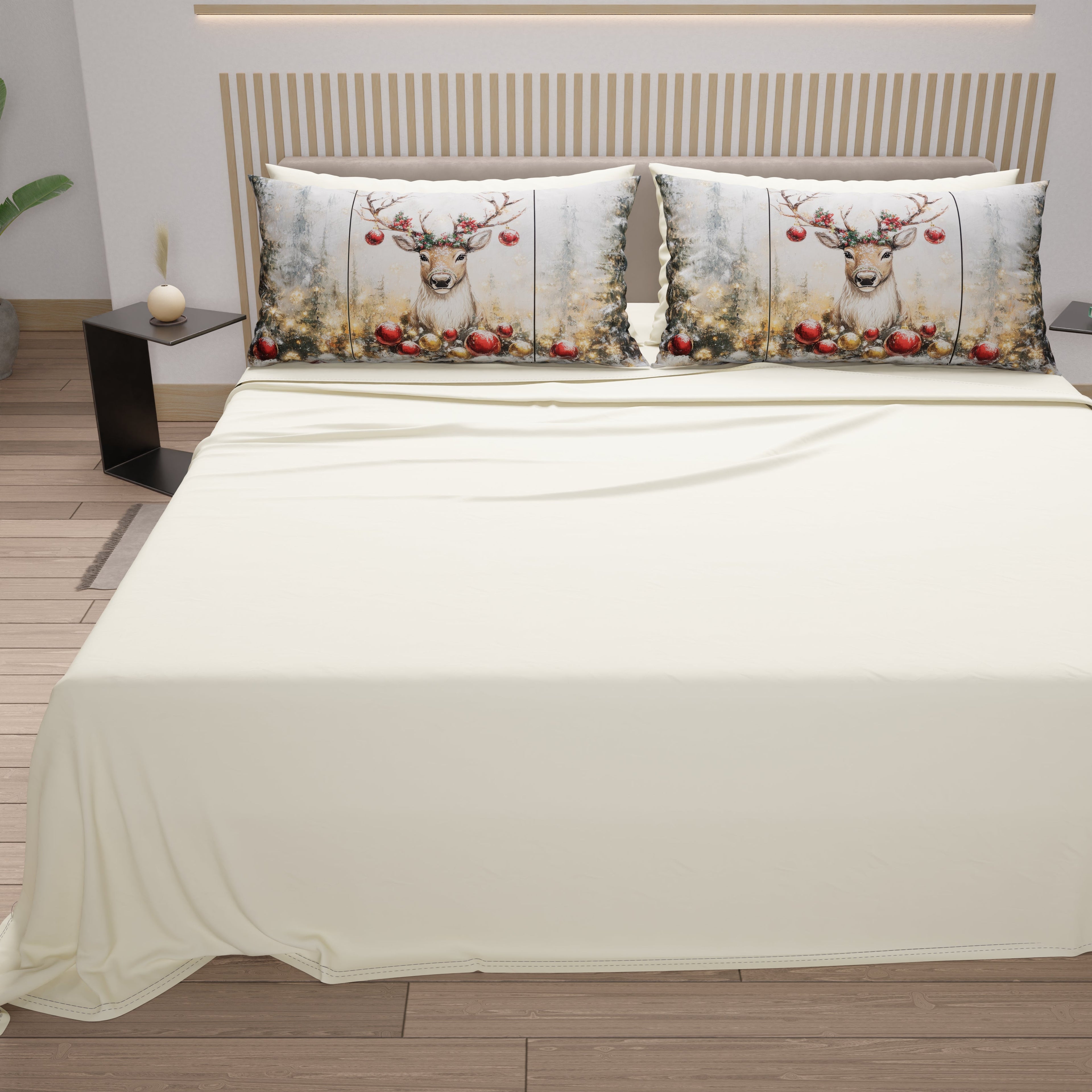 Lenzuola Natalizie in Cotone, Completo Letto con Federe in Stampa Digitale Renna