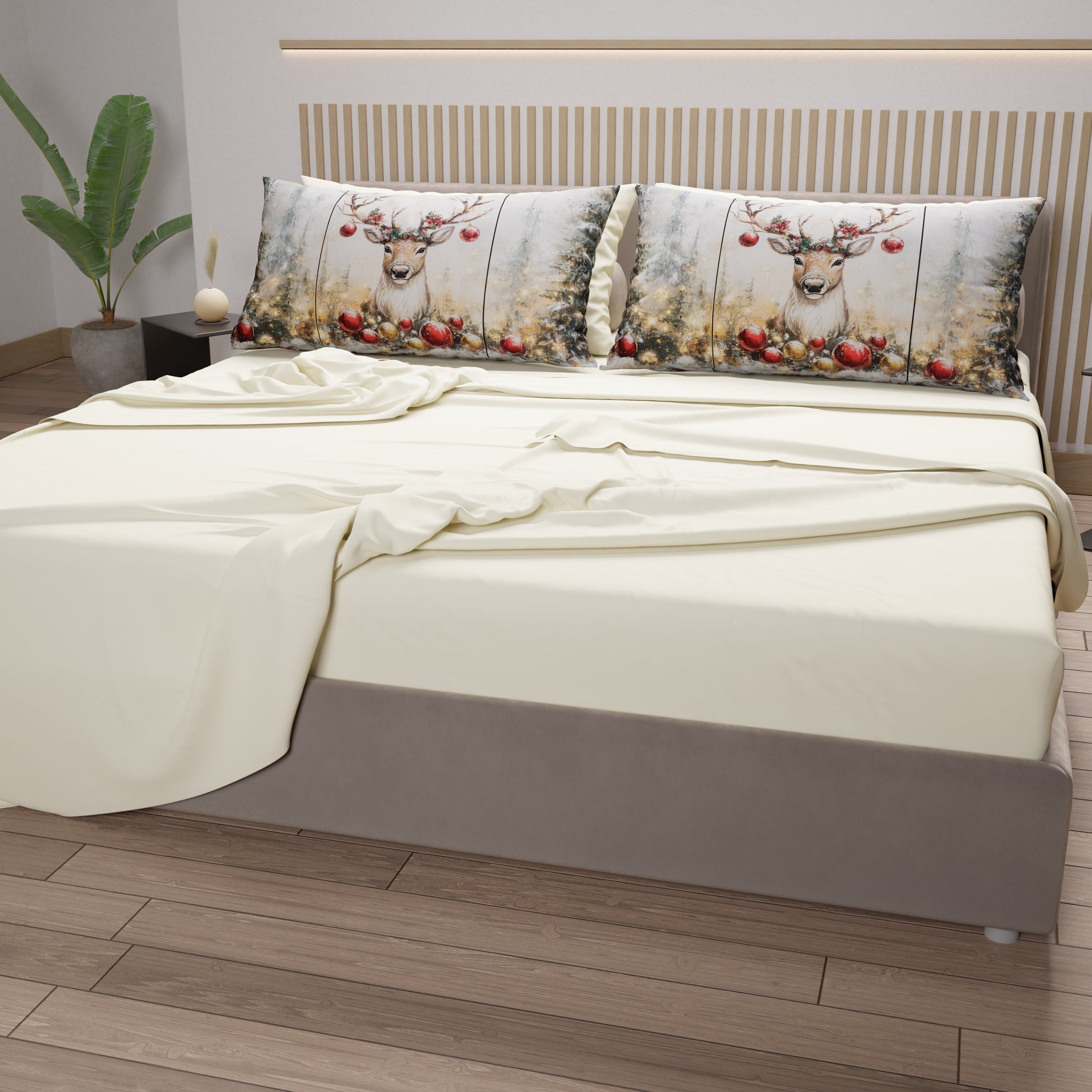 Lenzuola Natalizie in Cotone, Completo Letto con Federe in Stampa Digitale Renna