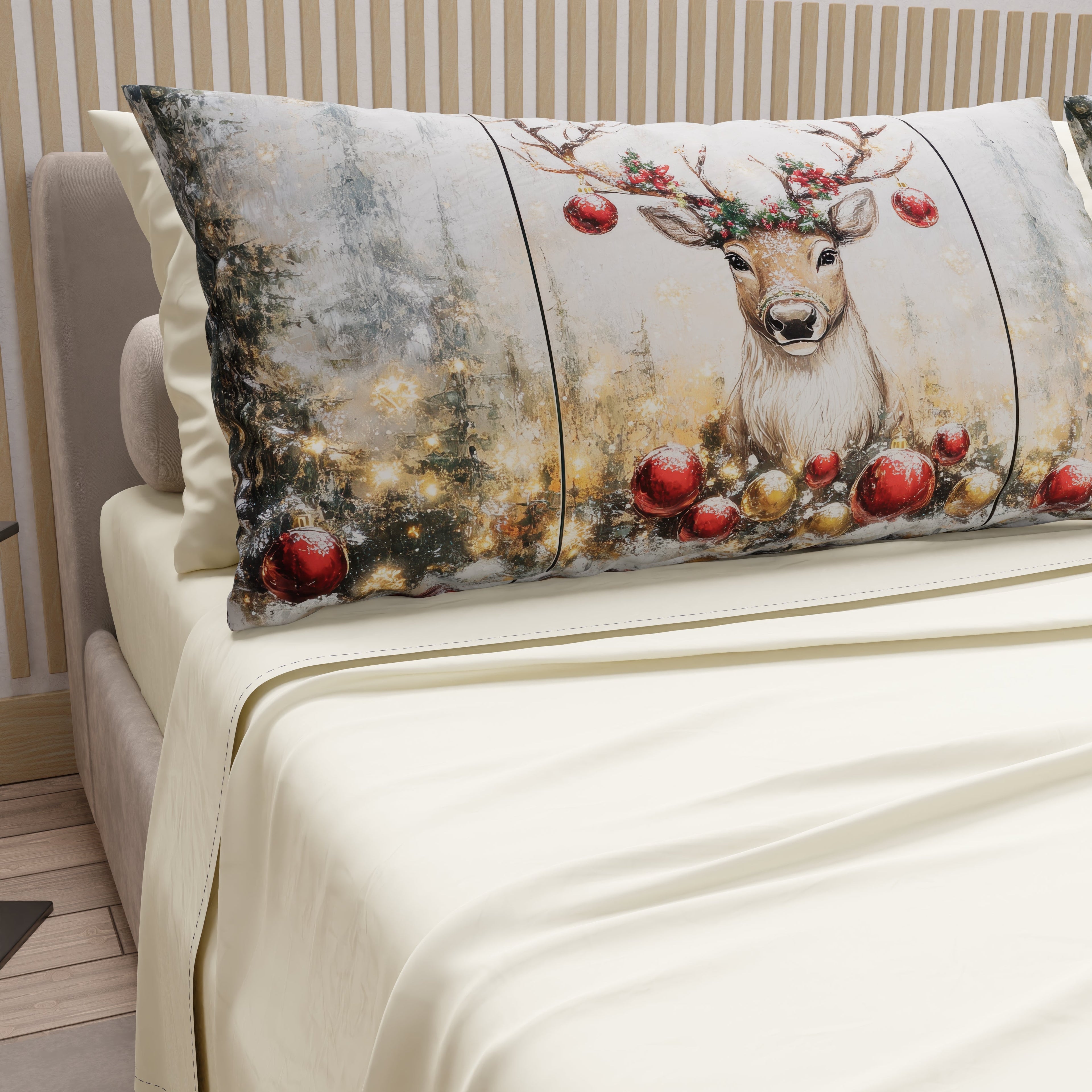 Lenzuola Natalizie in Cotone, Completo Letto con Federe in Stampa Digitale Renna