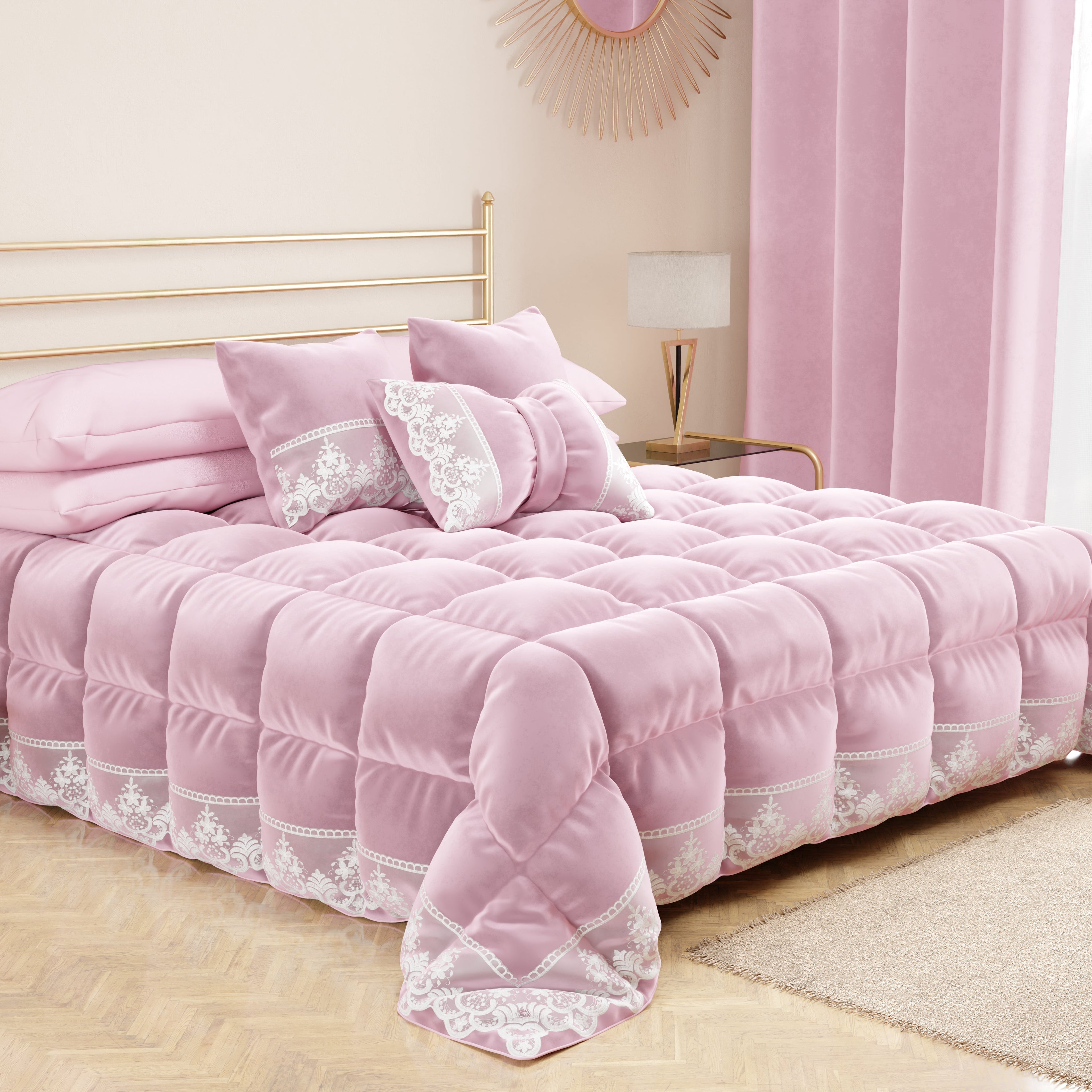 Cuscino Arredo Fiocco in Velluto e Balza con Pizzo Rebrodè 40x50 cm, Cuscino divano Rosa By Sissy