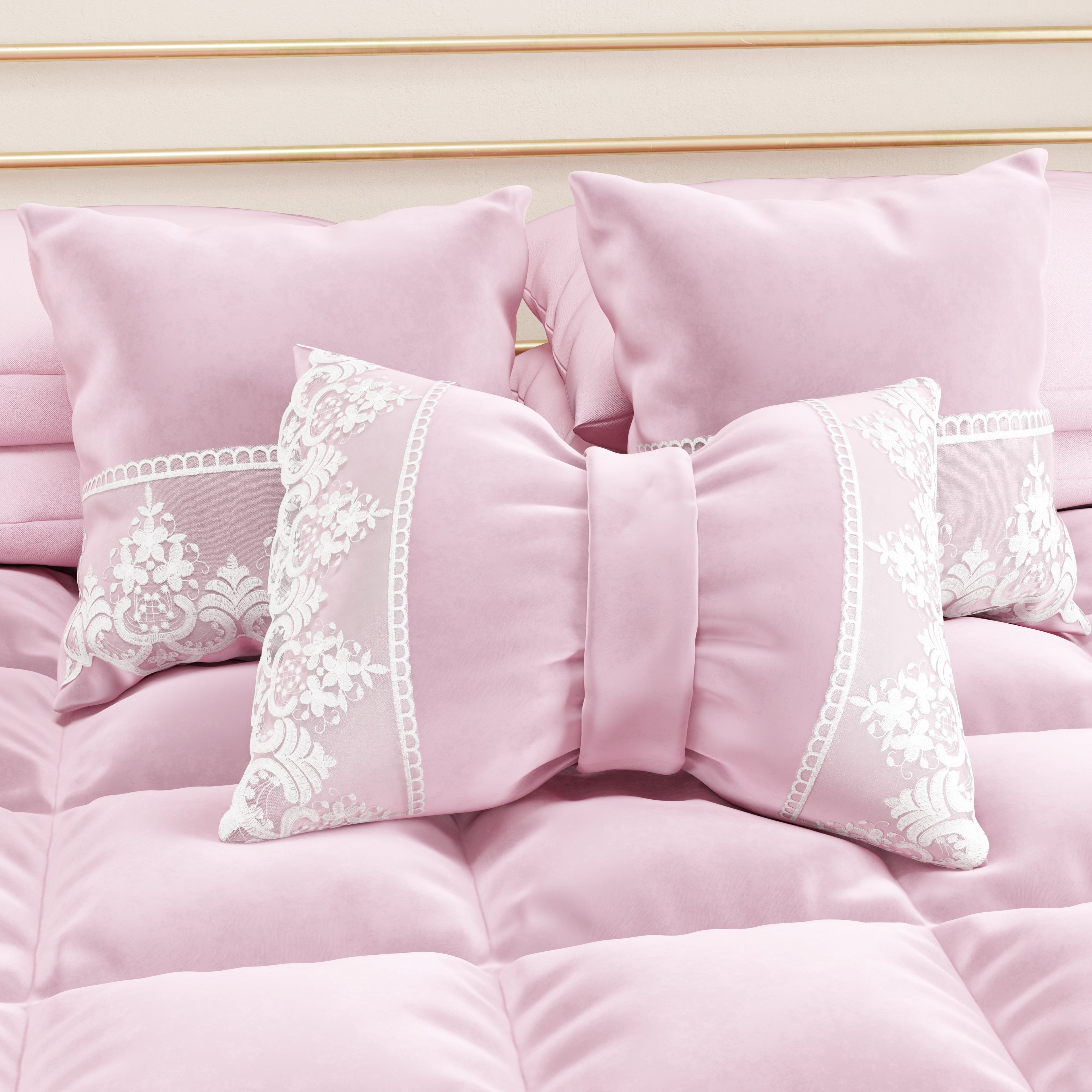 Cuscino Arredo Fiocco in Velluto e Balza con Pizzo Rebrodè 40x50 cm, Cuscino divano Rosa By Sissy
