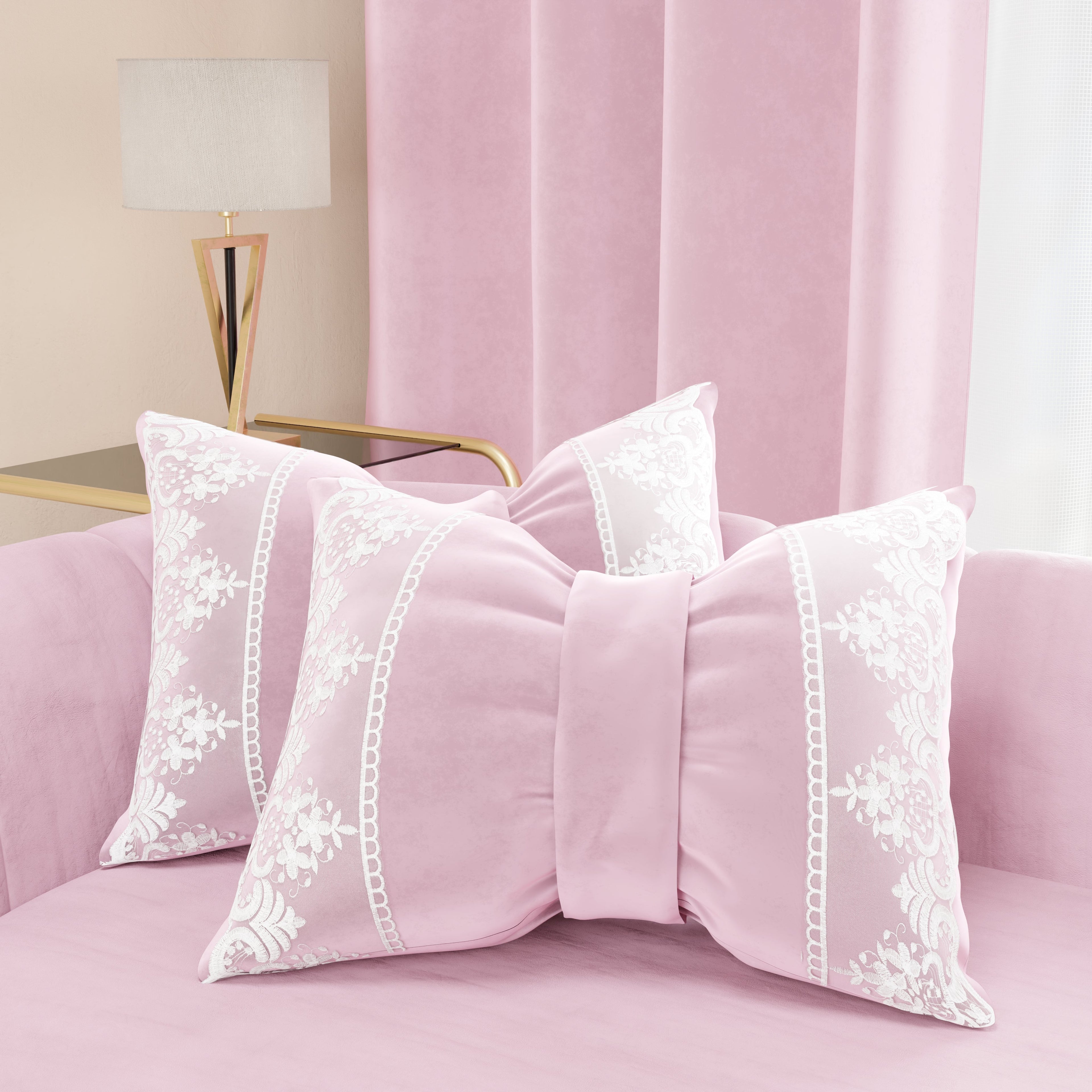 Cuscino Arredo Fiocco in Velluto e Balza con Pizzo Rebrodè 40x50 cm, Cuscino divano Rosa By Sissy