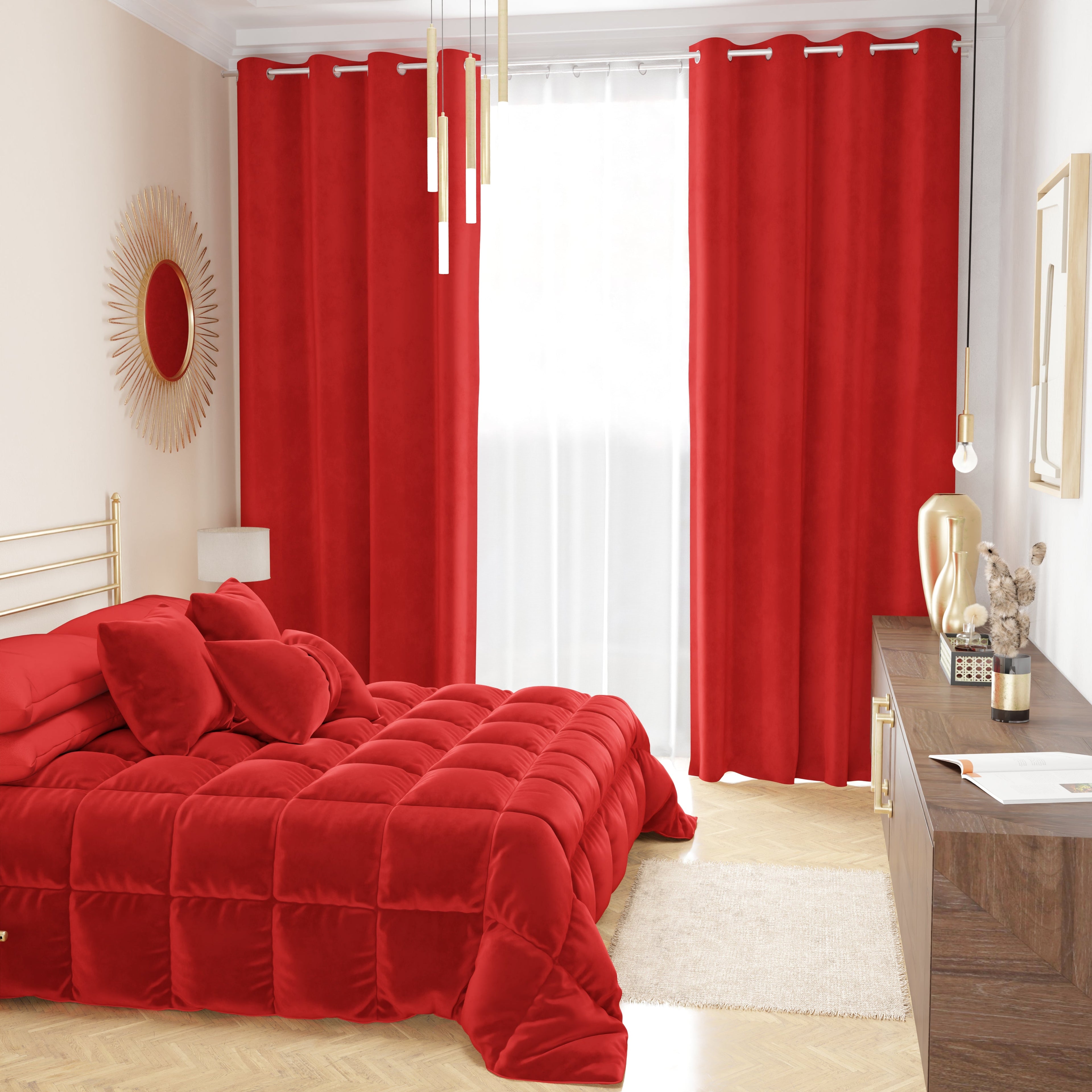 Tenda a Pannello in Velluto per Interni con Anelli, 140x280 cm, Rosso