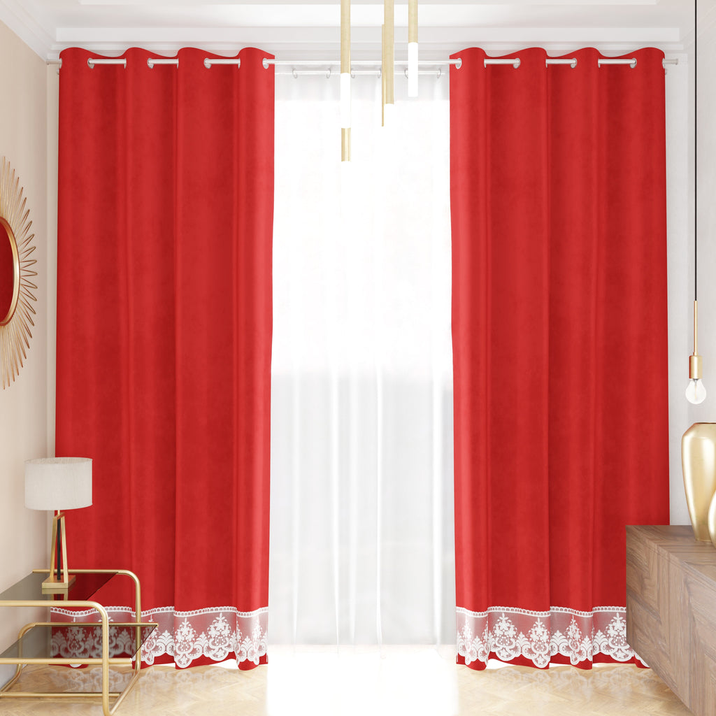 Tenda a Pannello in Velluto per Interni con Anelli e Pizzo Rebrodè, 140x280 cm, Rosso by Sissy