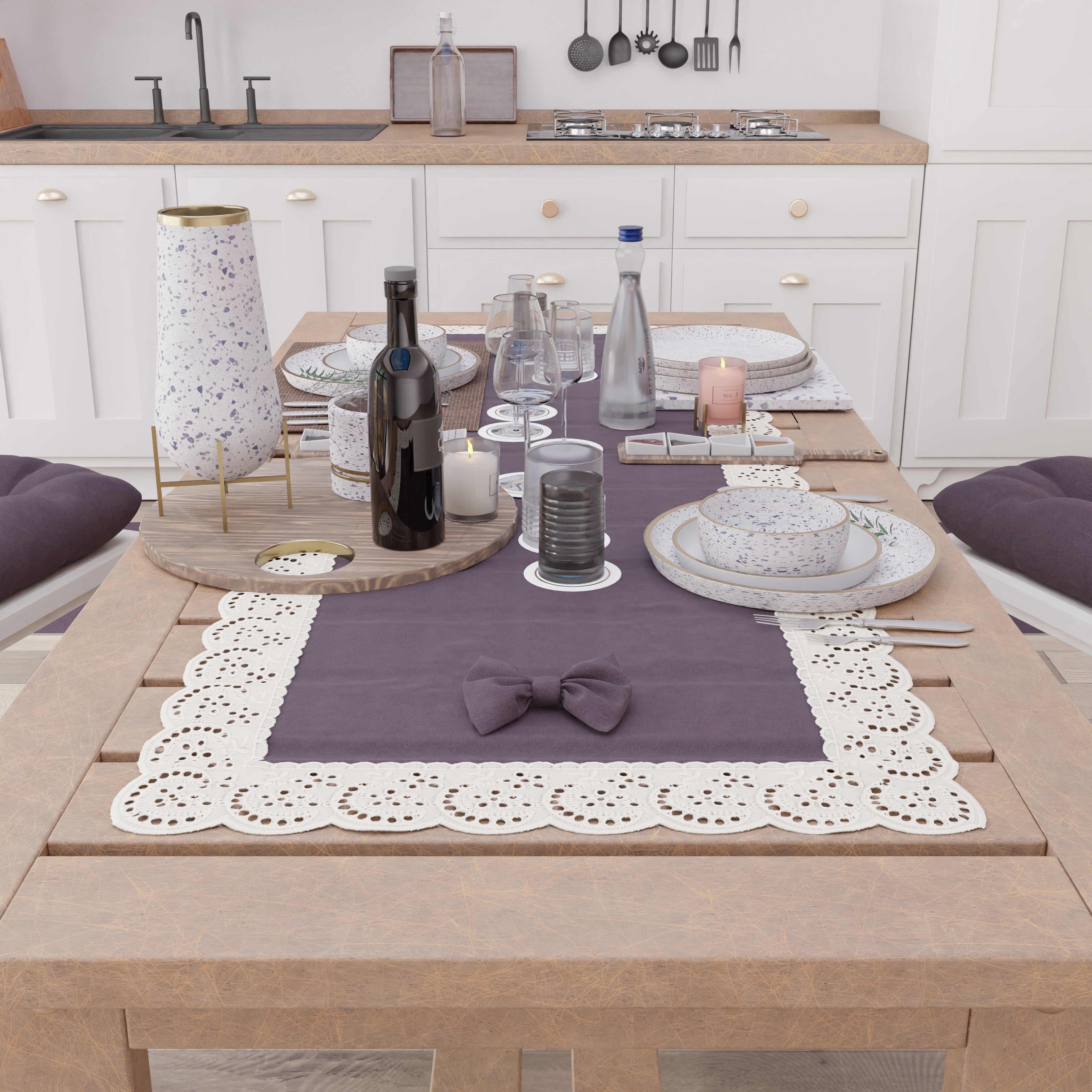 Runner da Tavolo Elegante Shabby Chic con Pizzo e Fiocchi Malva