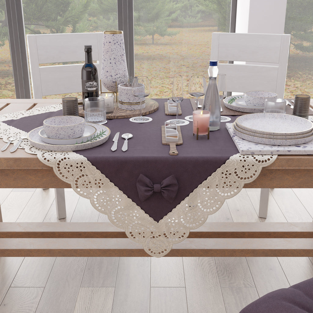 Centrotavola Cucina Elegante Shabby Chic con Pizzo e Fiocchi Malva