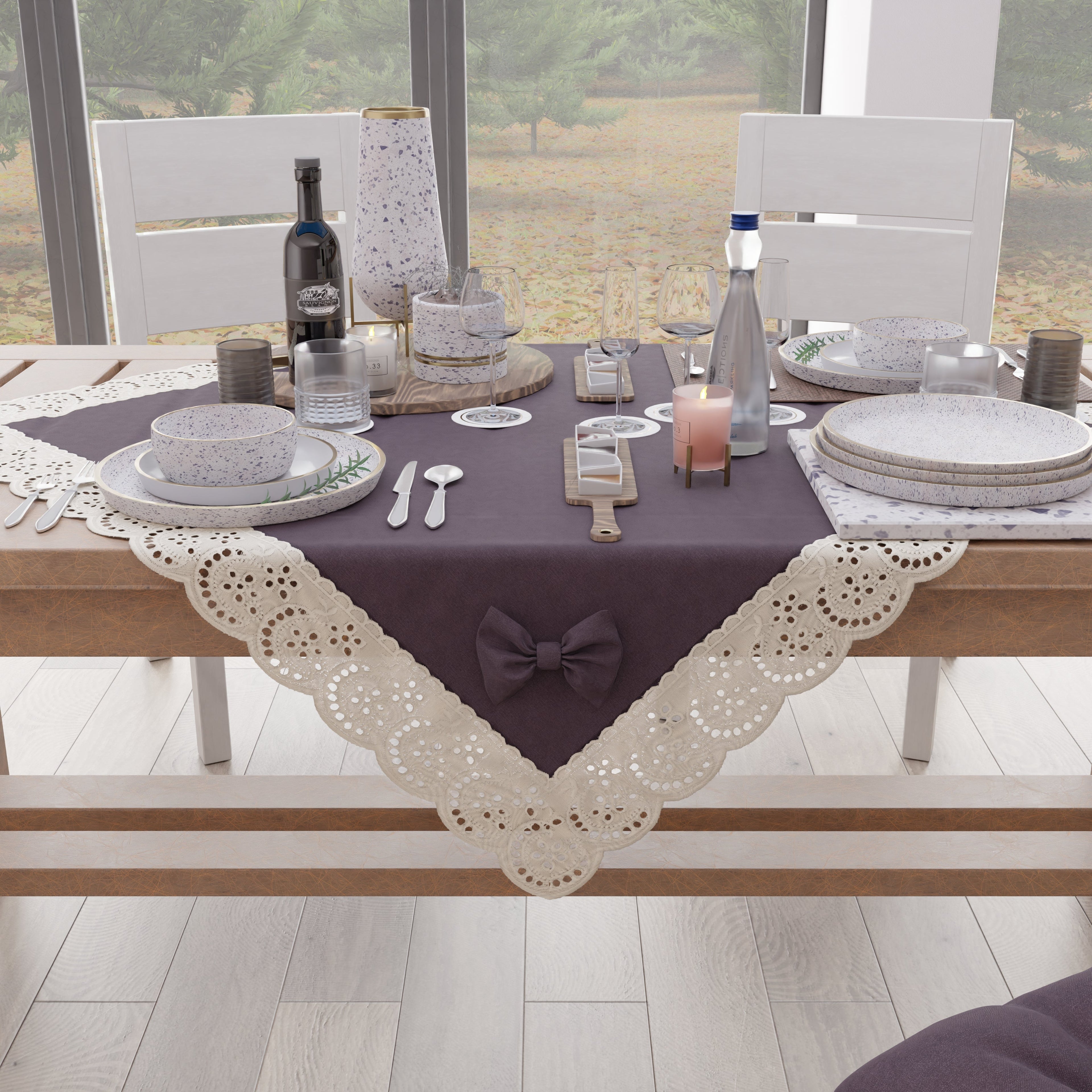 Centrotavola Cucina Elegante Shabby Chic con Pizzo e Fiocchi Malva