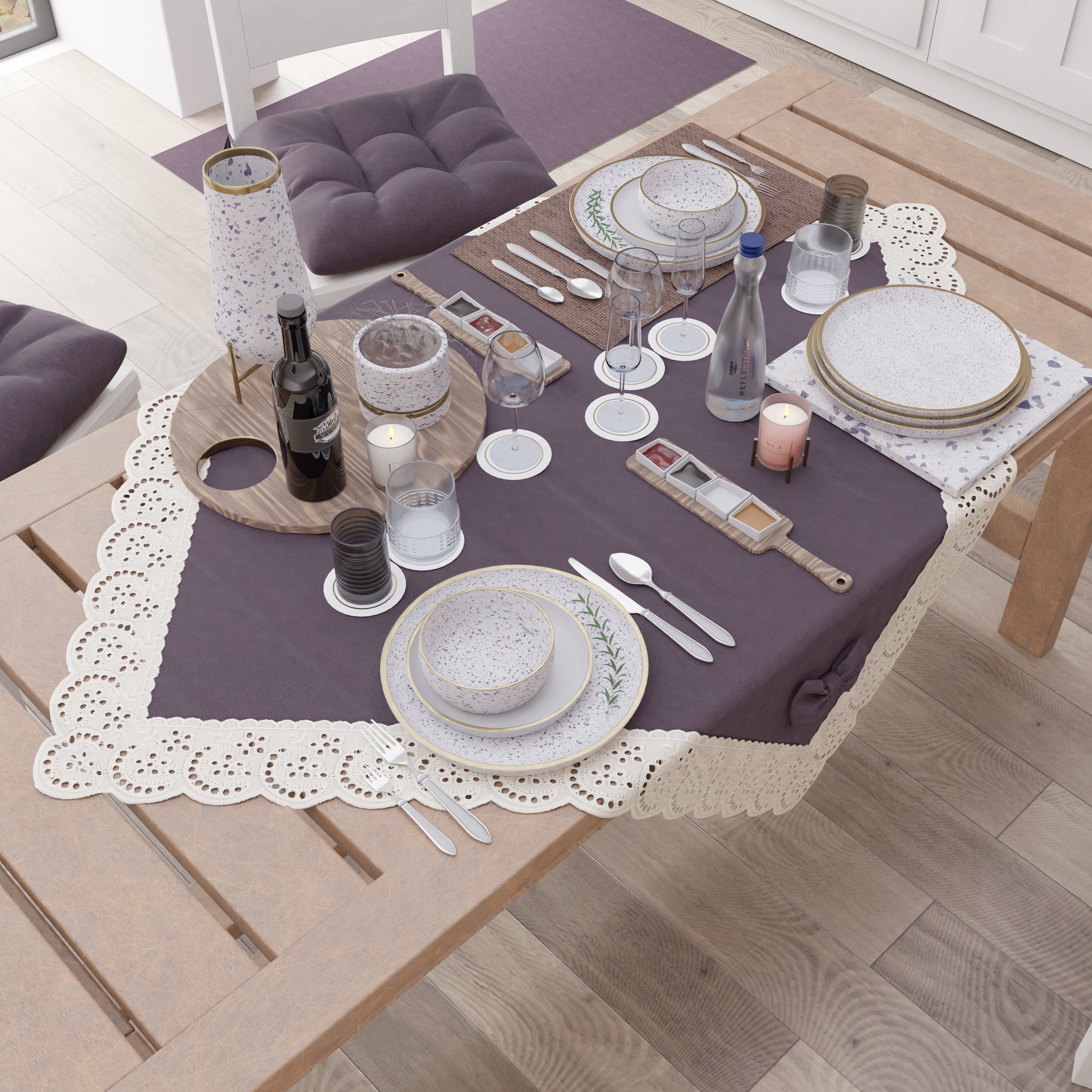 Centrotavola Cucina Elegante Shabby Chic con Pizzo e Fiocchi Malva