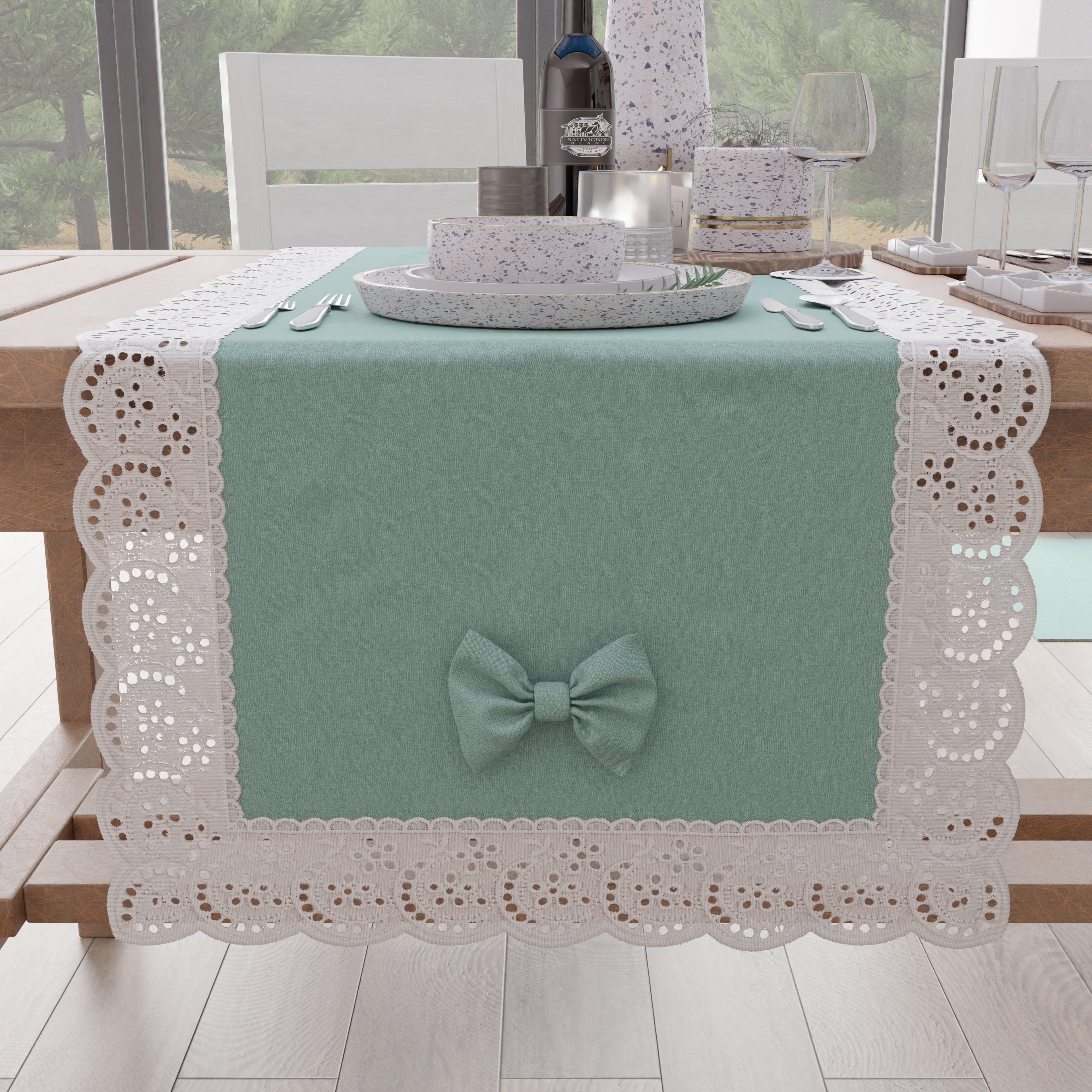 Runner da Tavolo Elegante Shabby Chic con Pizzo e Fiocchi Verde Acqua