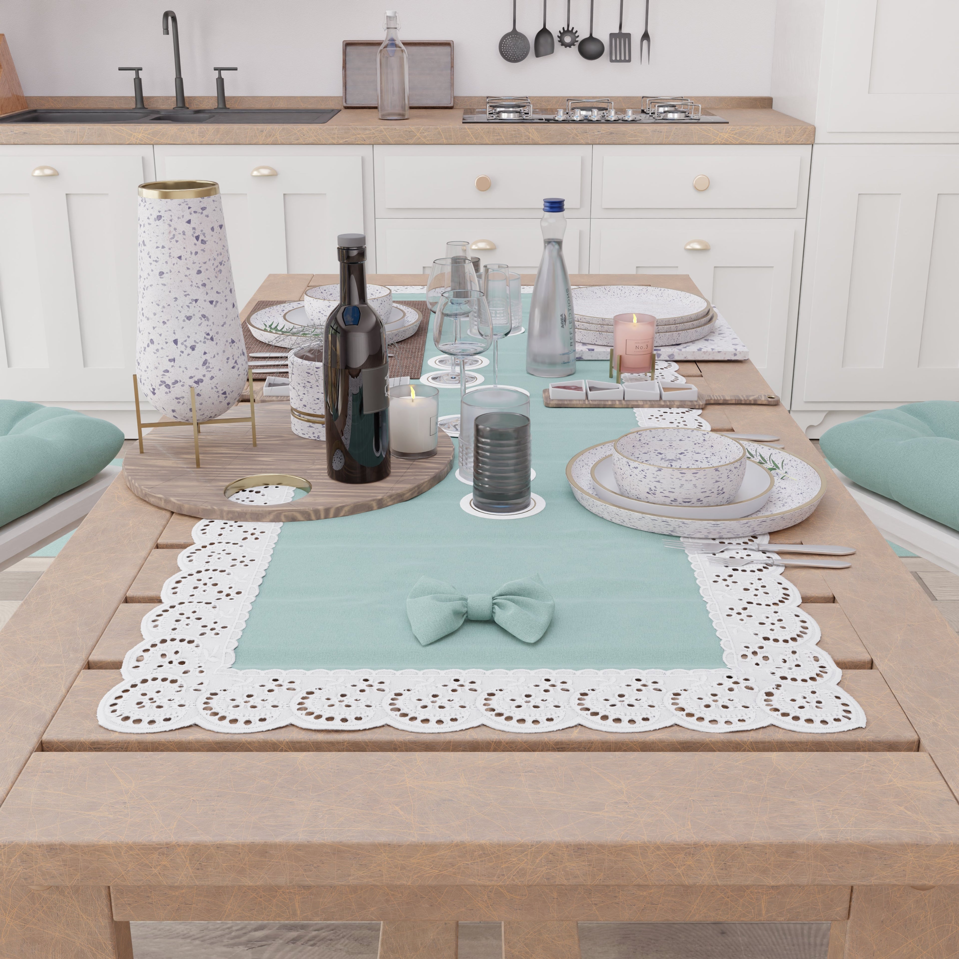 Runner da Tavolo Elegante Shabby Chic con Pizzo e Fiocchi Verde Acqua