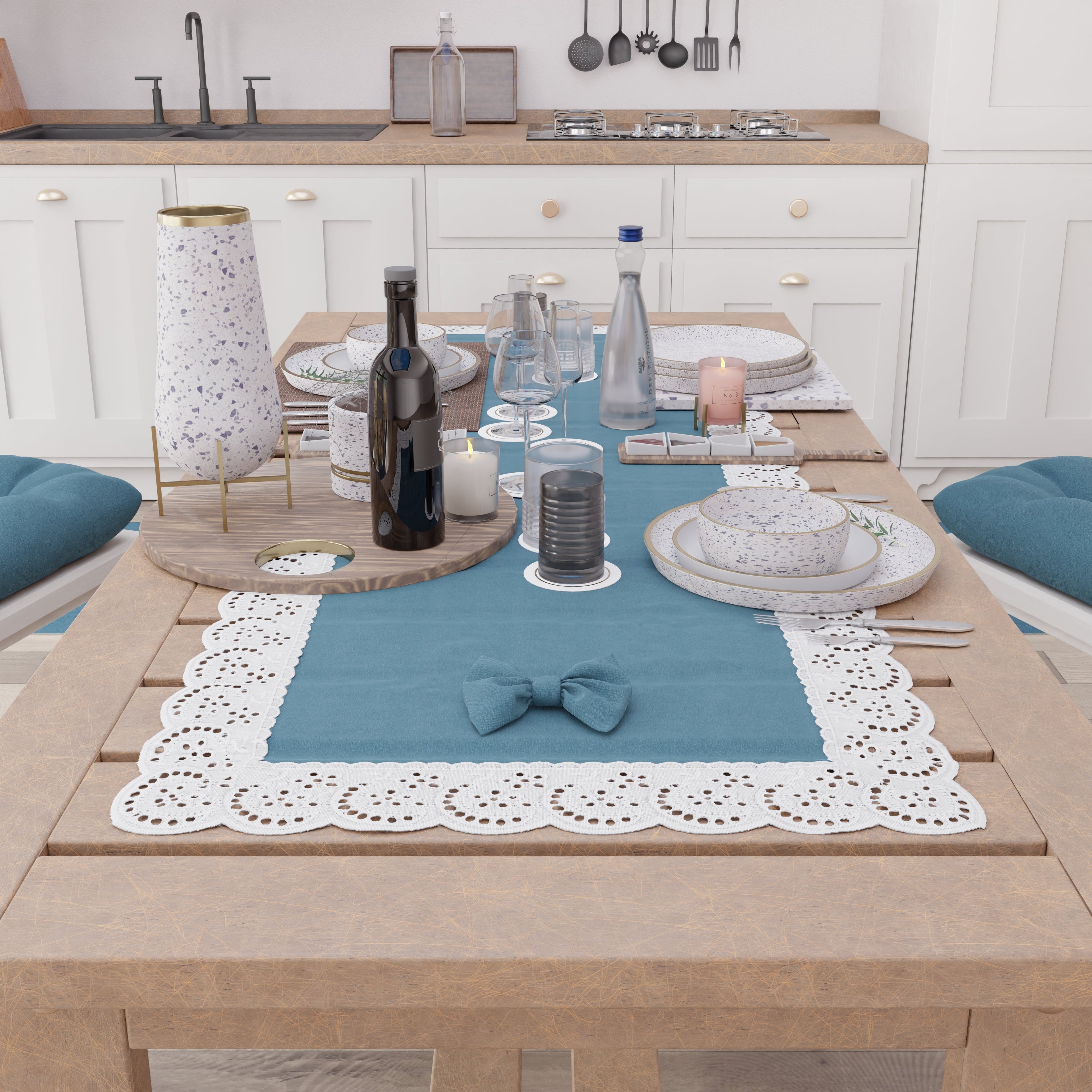 Runner da Tavolo Elegante Shabby Chic con Pizzo e Fiocchi Blu Avion