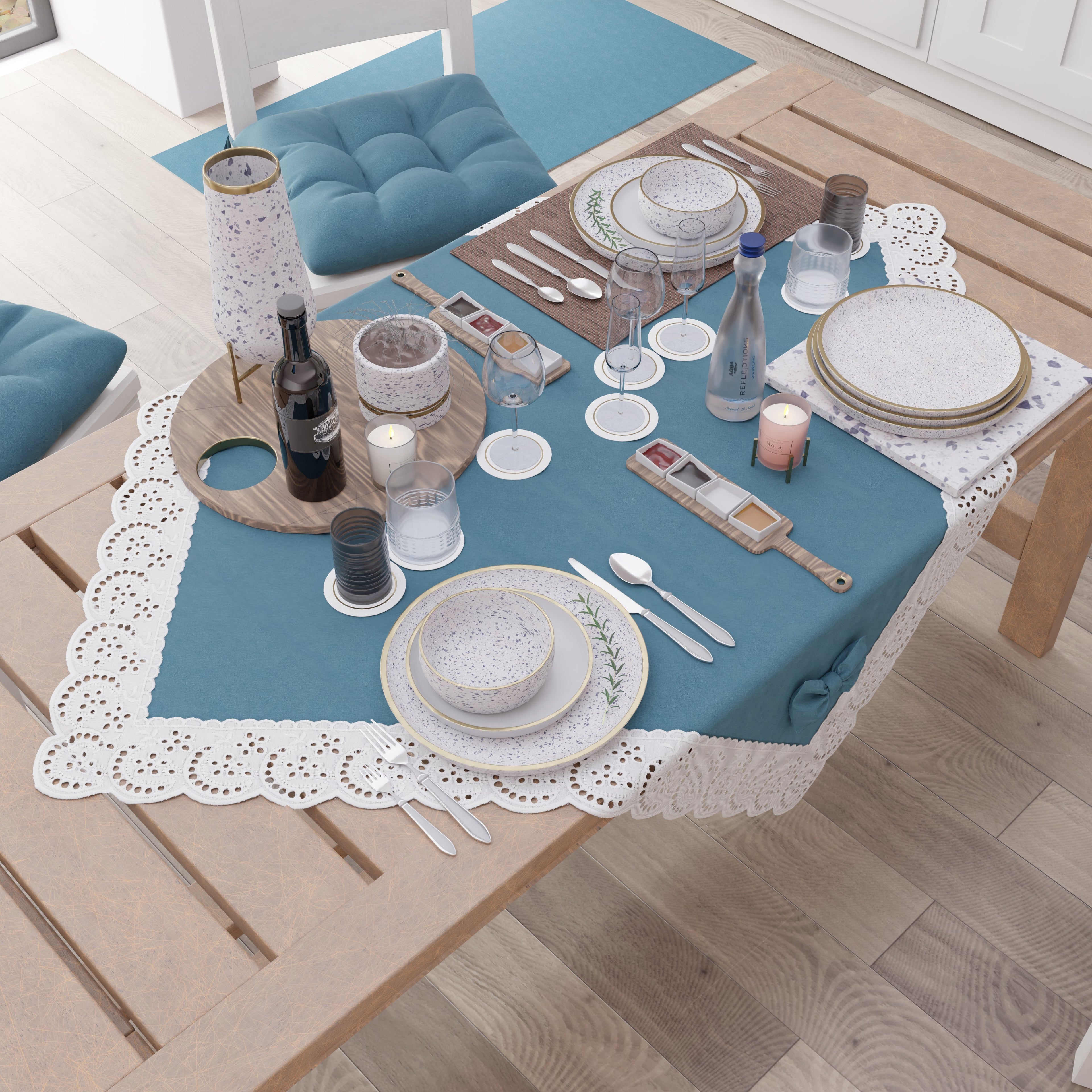 Centrotavola Cucina Elegante Shabby Chic con Pizzo e Fiocchi Blu Avion