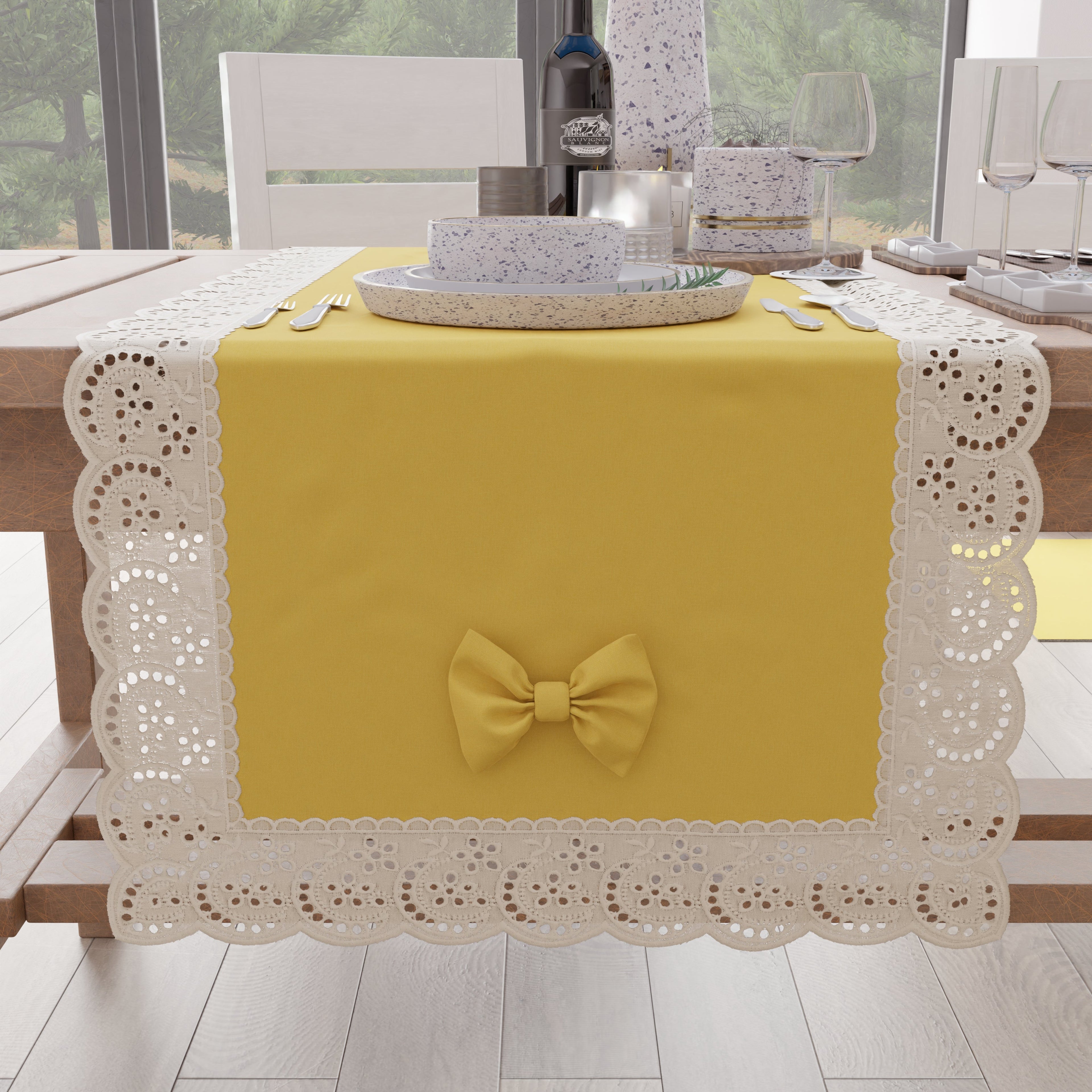 Runner da Tavolo Elegante Shabby Chic con Pizzo e Fiocchi Giallo