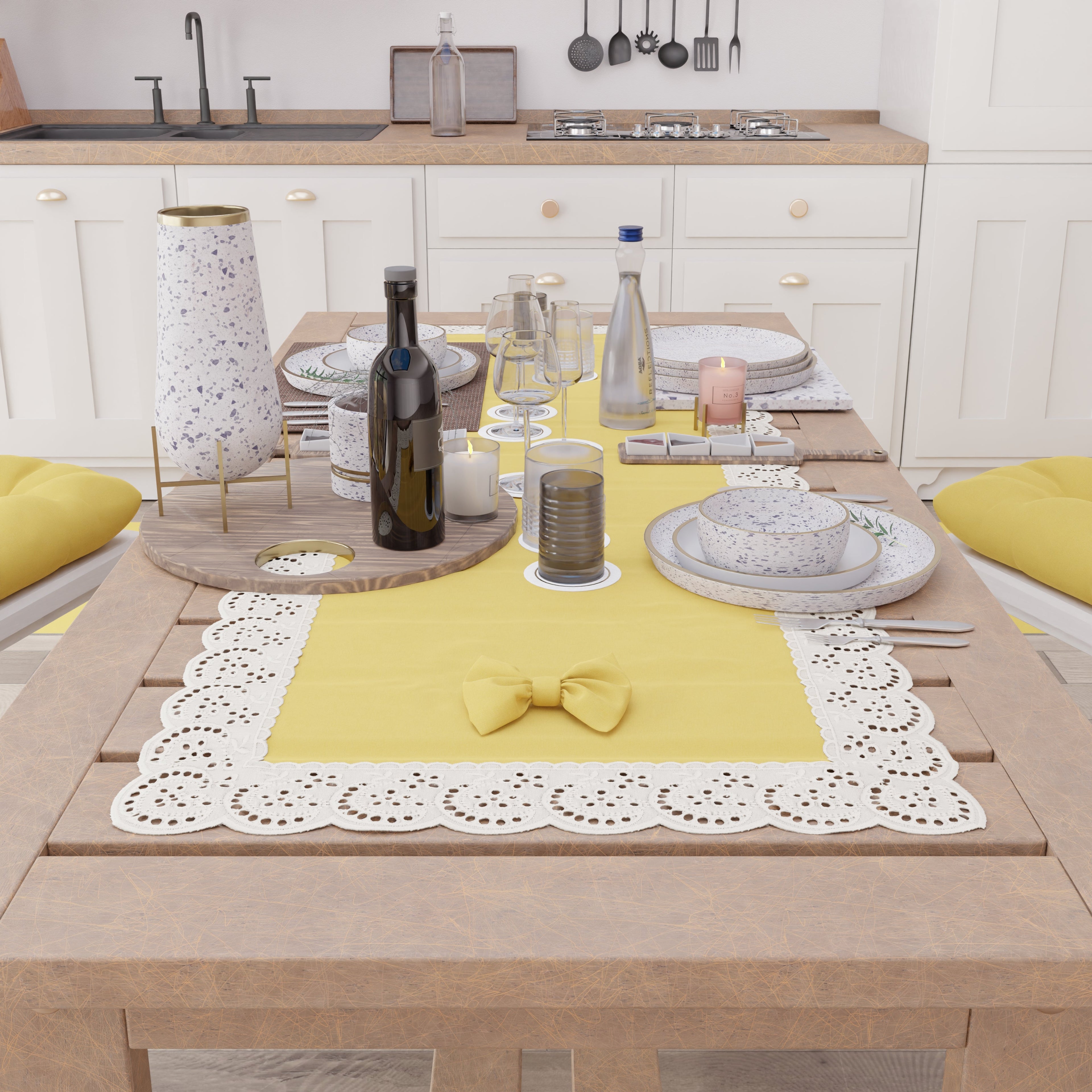 Runner da Tavolo Elegante Shabby Chic con Pizzo e Fiocchi Giallo