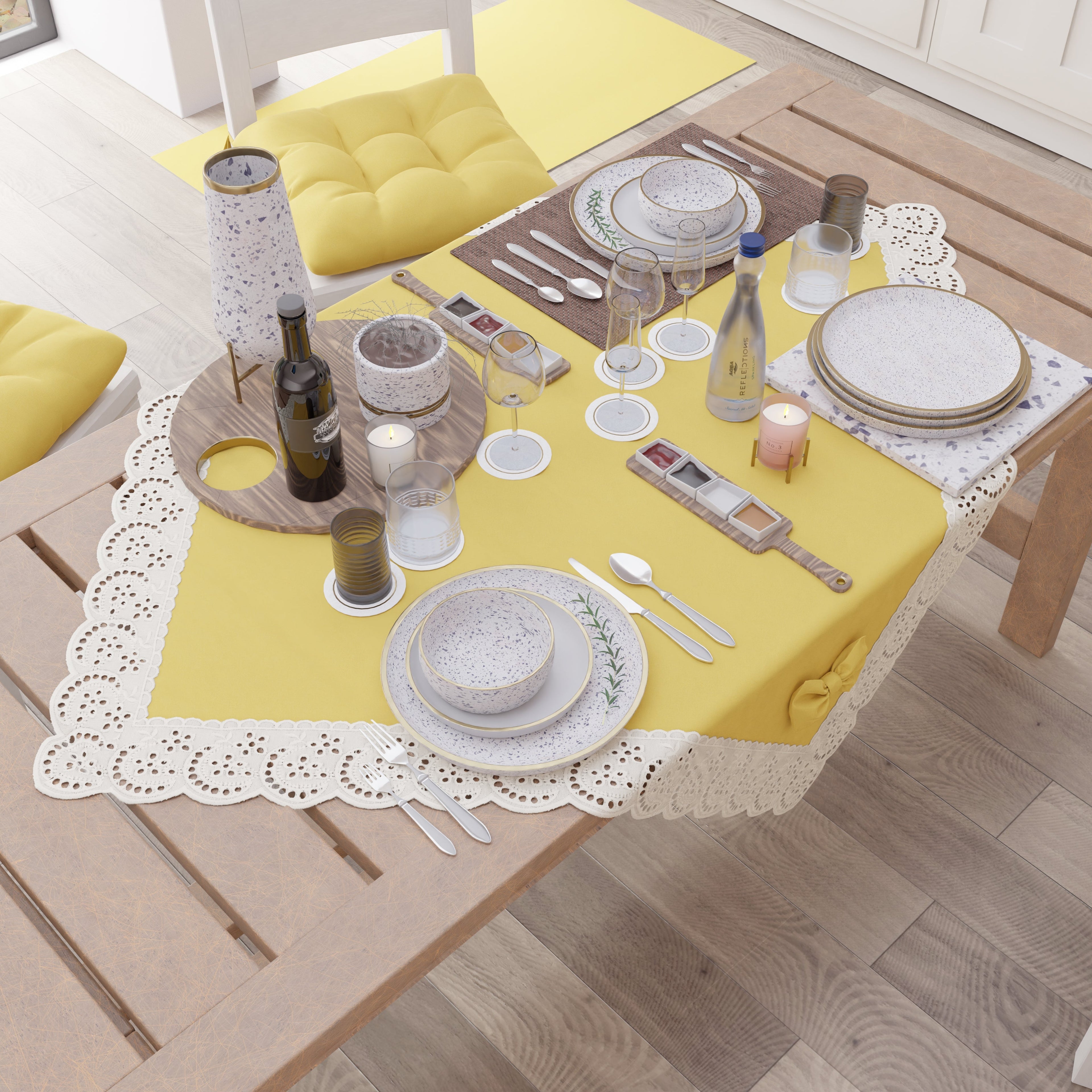 Centrotavola Cucina Elegante Shabby Chic con Pizzo e Fiocchi Giallo