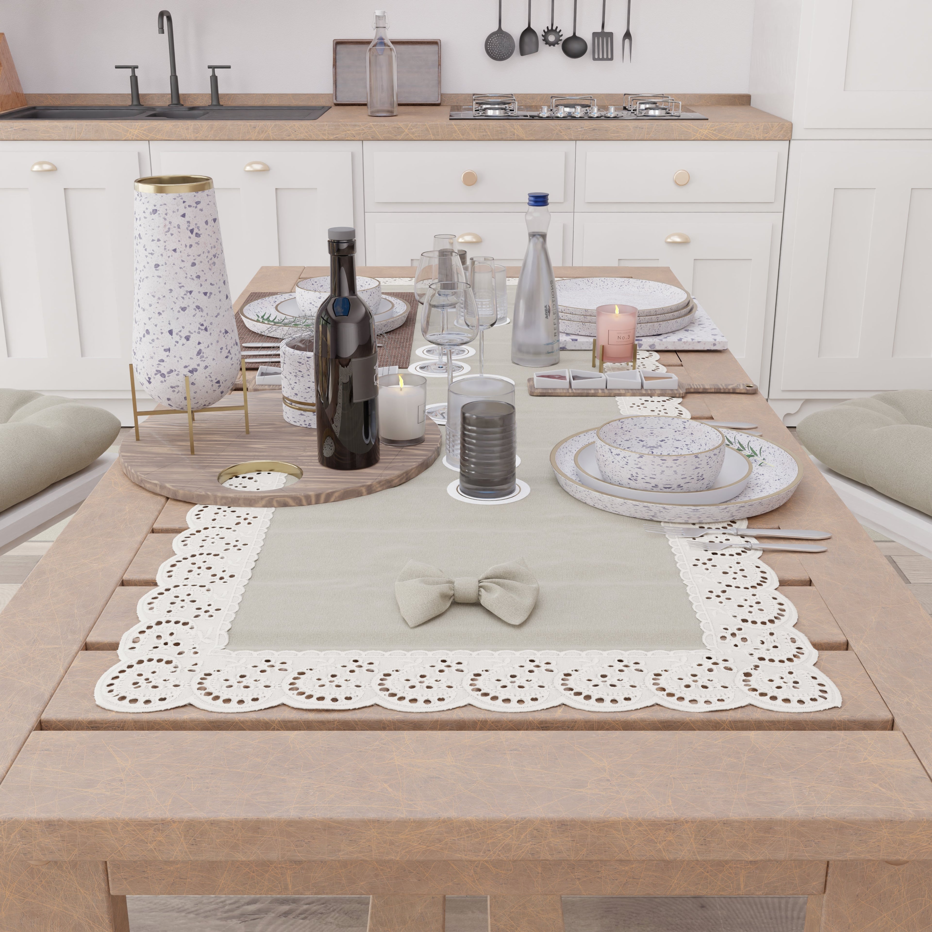 Runner da Tavolo Elegante Shabby Chic con Pizzo e Fiocchi Beige