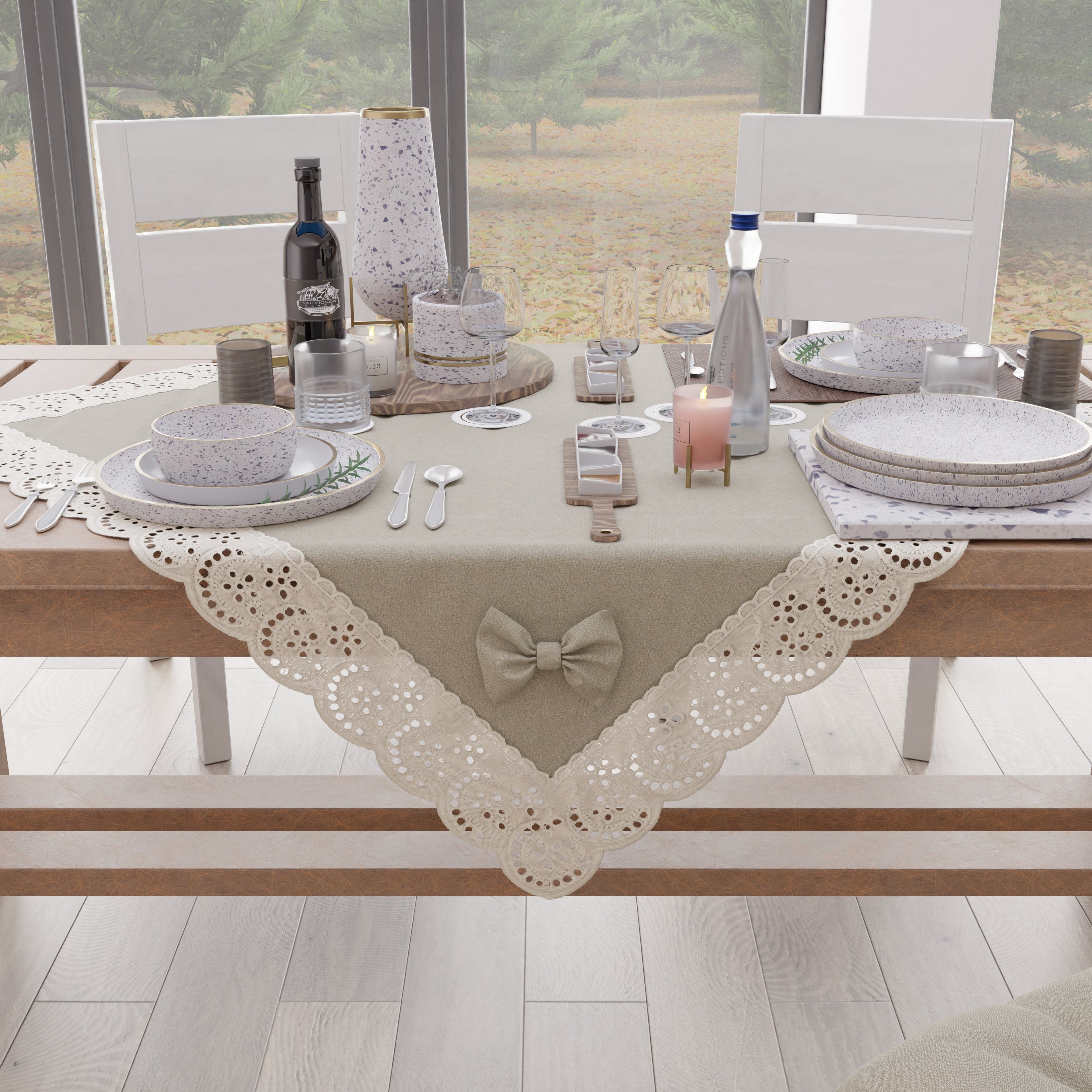 Centrotavola Cucina Elegante Shabby Chic con Pizzo e Fiocchi Beige