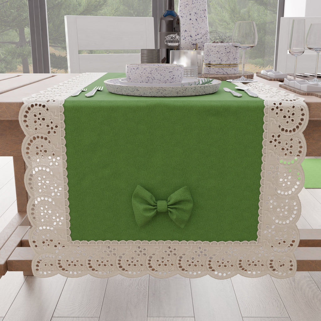 Runner da Tavolo Elegante Shabby Chic con Pizzo e Fiocchi Verde