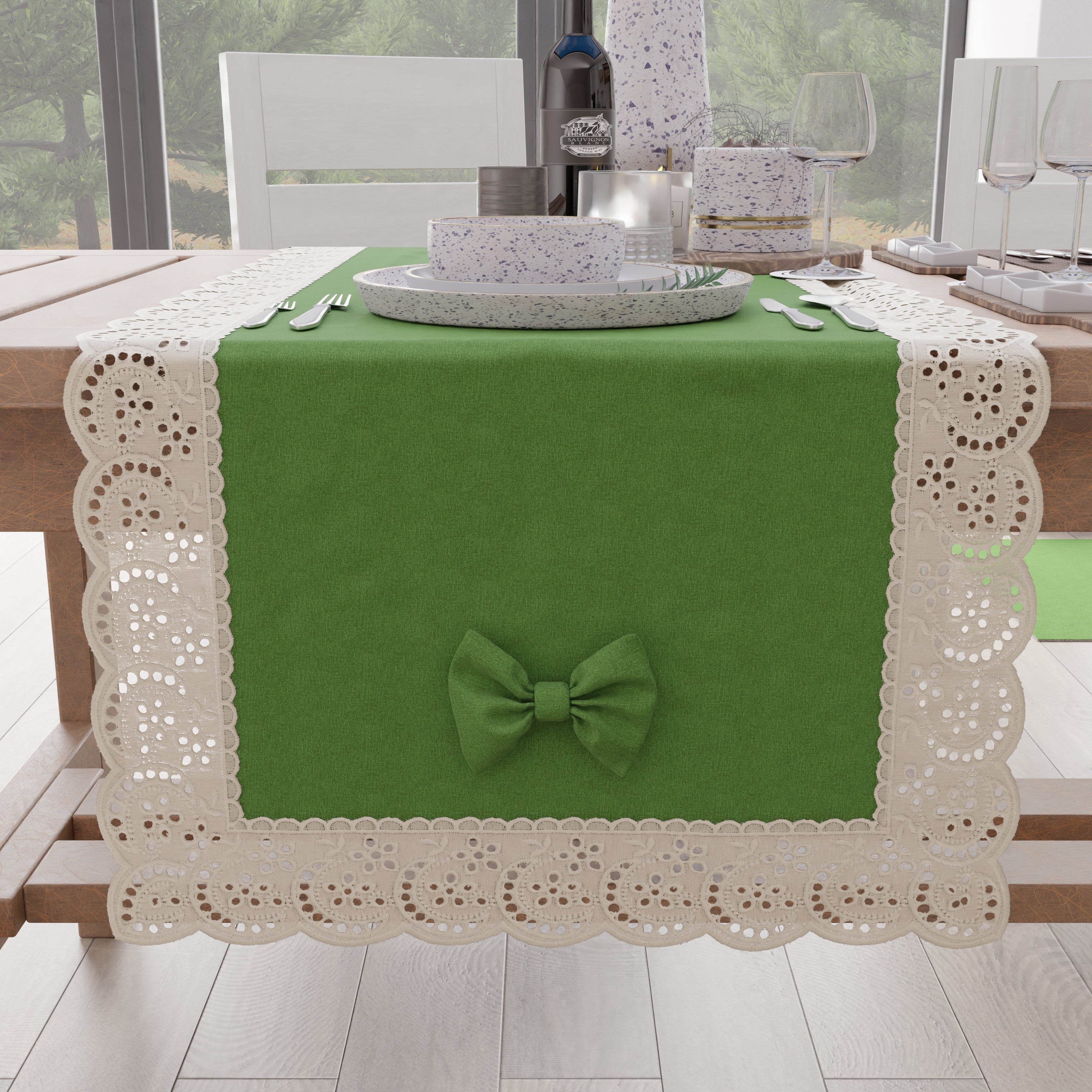 Runner da Tavolo Elegante Shabby Chic con Pizzo e Fiocchi Verde