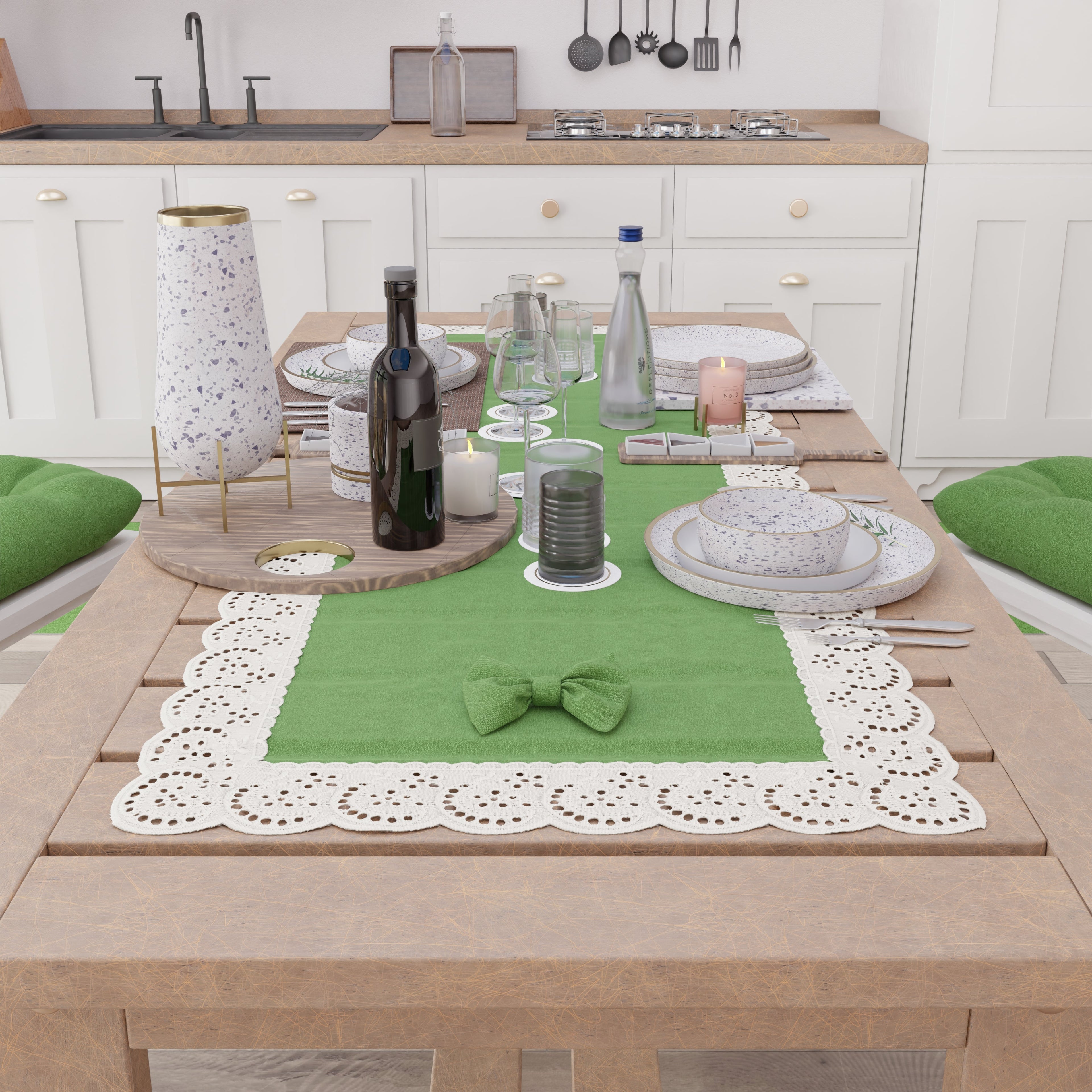 Runner da Tavolo Elegante Shabby Chic con Pizzo e Fiocchi Verde