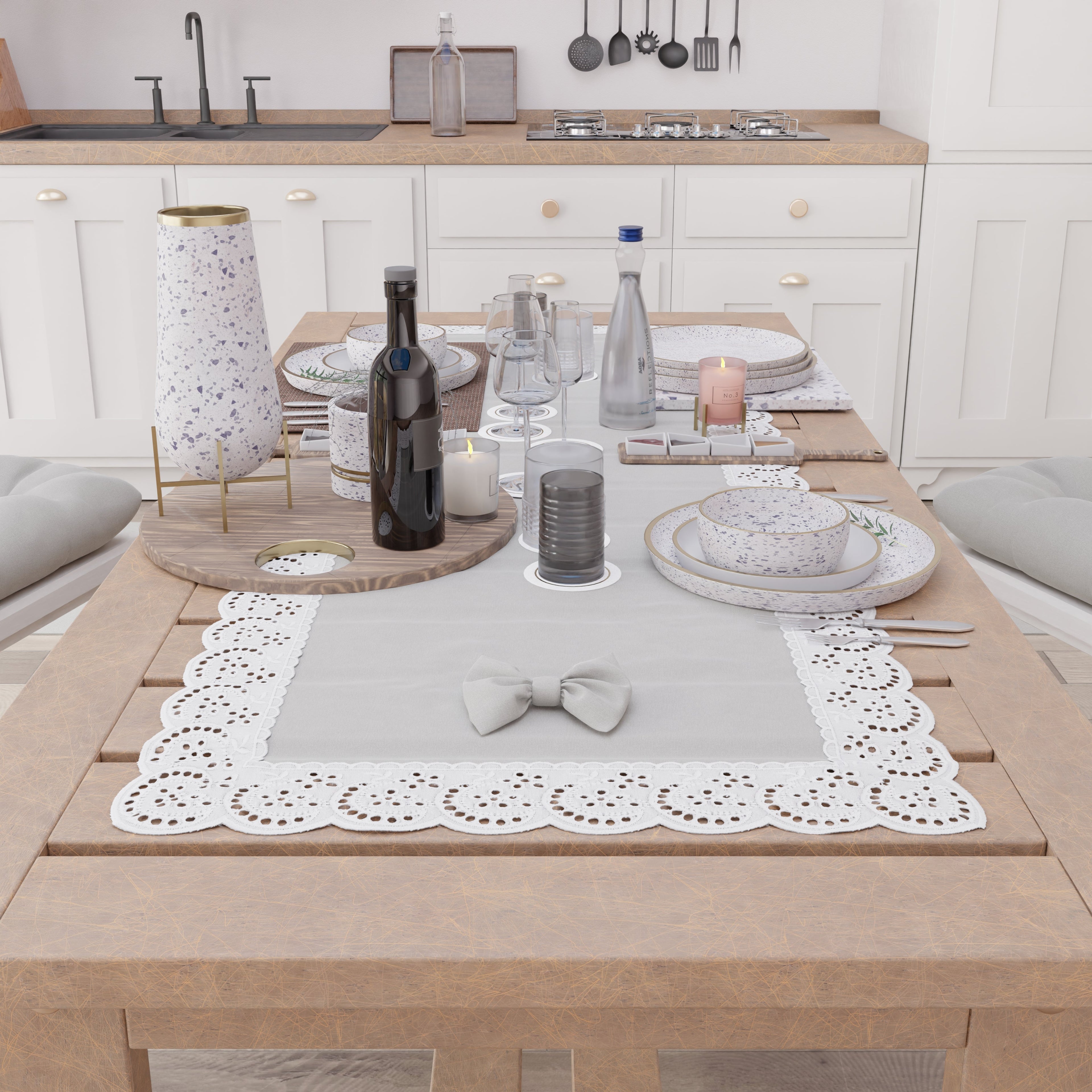 Runner da Tavolo Elegante Shabby Chic con Pizzo e Fiocchi Grigio Chiaro