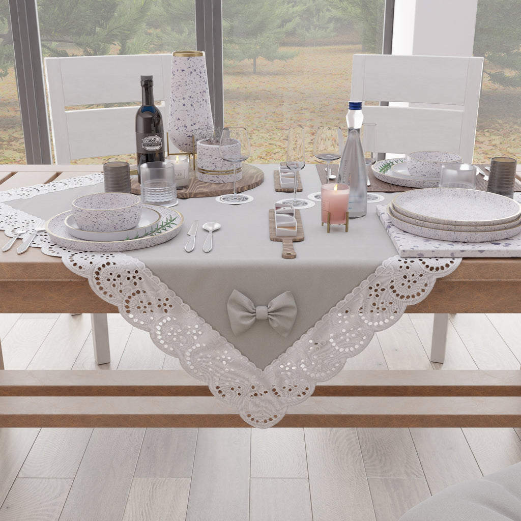 Centrotavola Cucina Elegante Shabby Chic con Pizzo e Fiocchi Grigio Chiaro