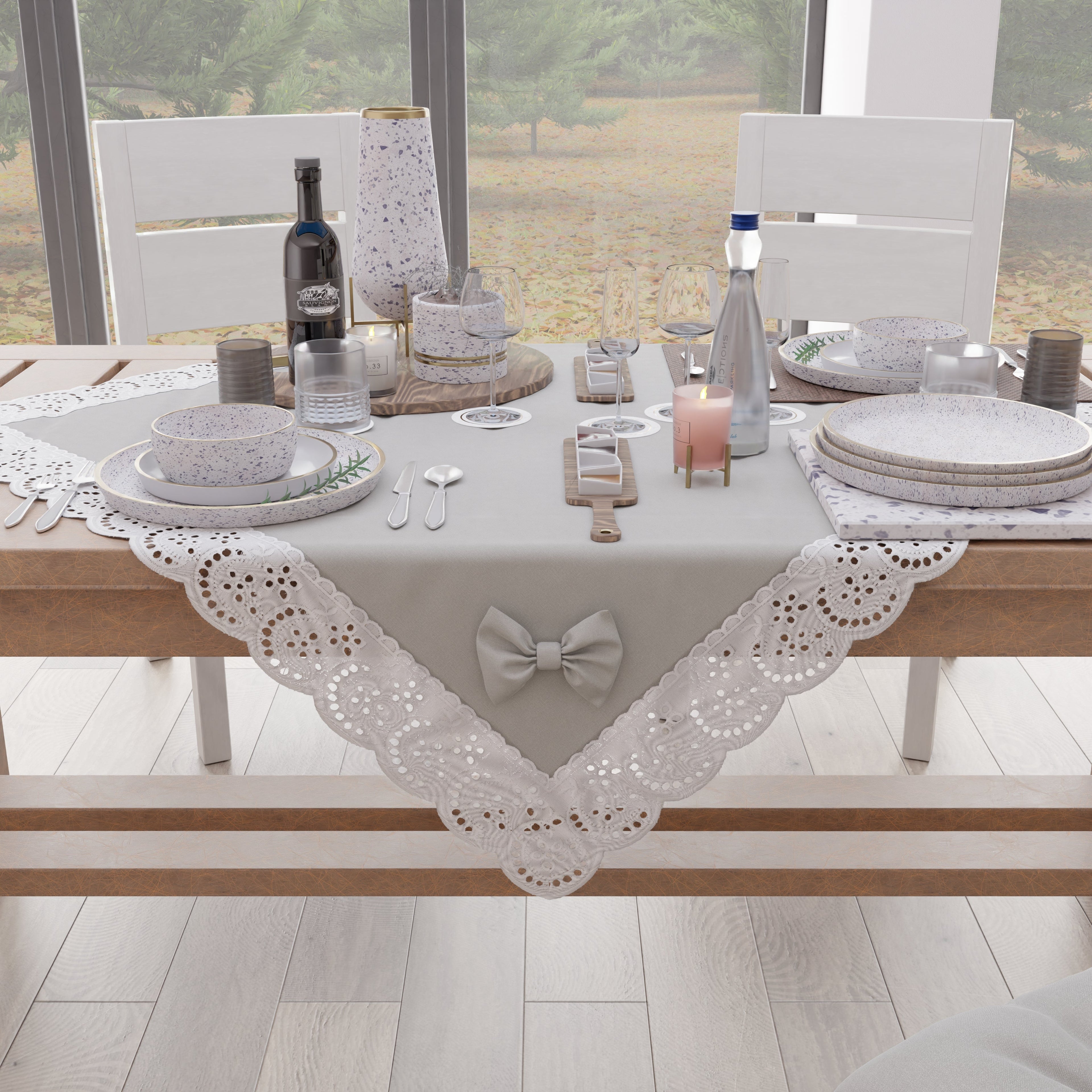 Centrotavola Cucina Elegante Shabby Chic con Pizzo e Fiocchi Grigio Chiaro
