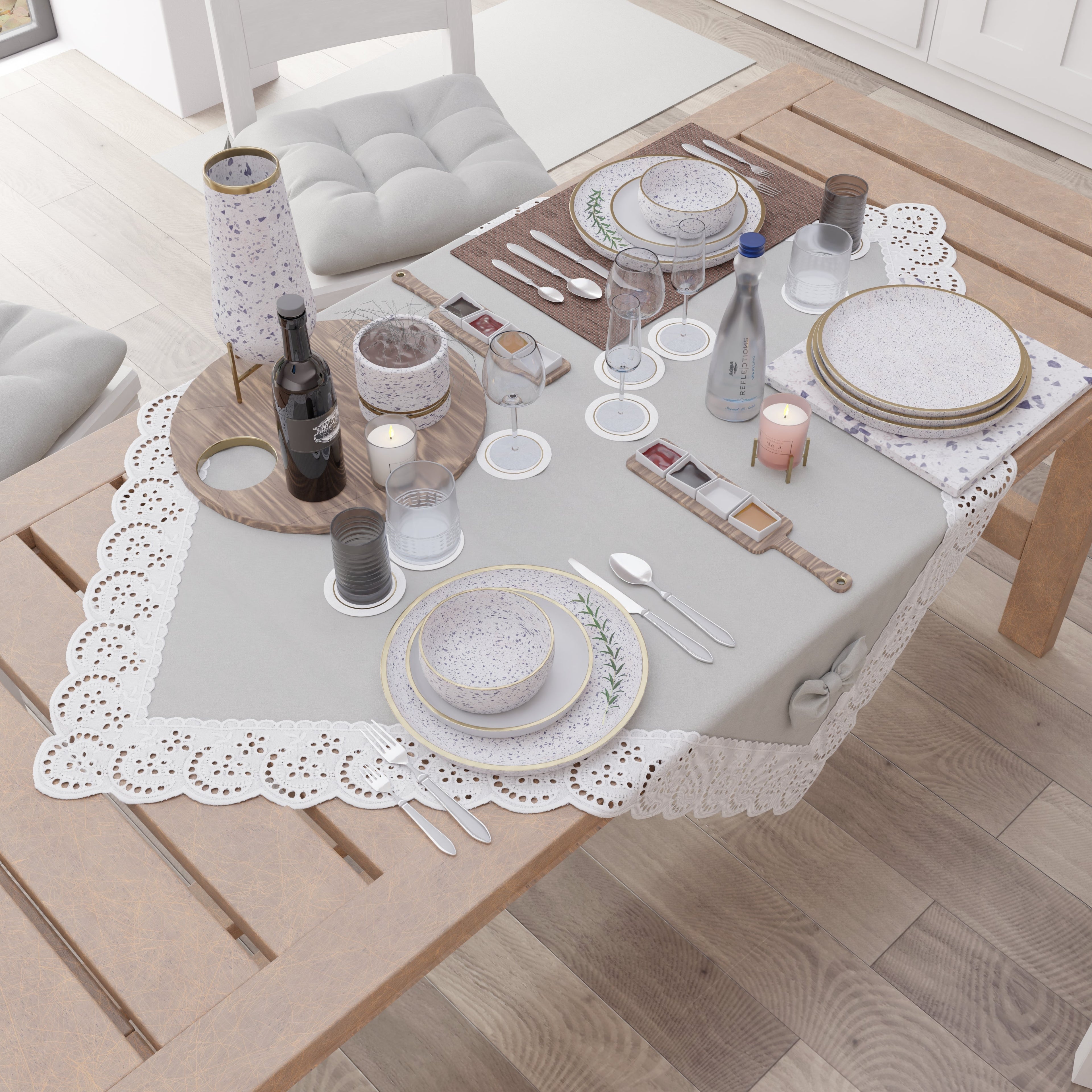 Centrotavola Cucina Elegante Shabby Chic con Pizzo e Fiocchi Grigio Chiaro