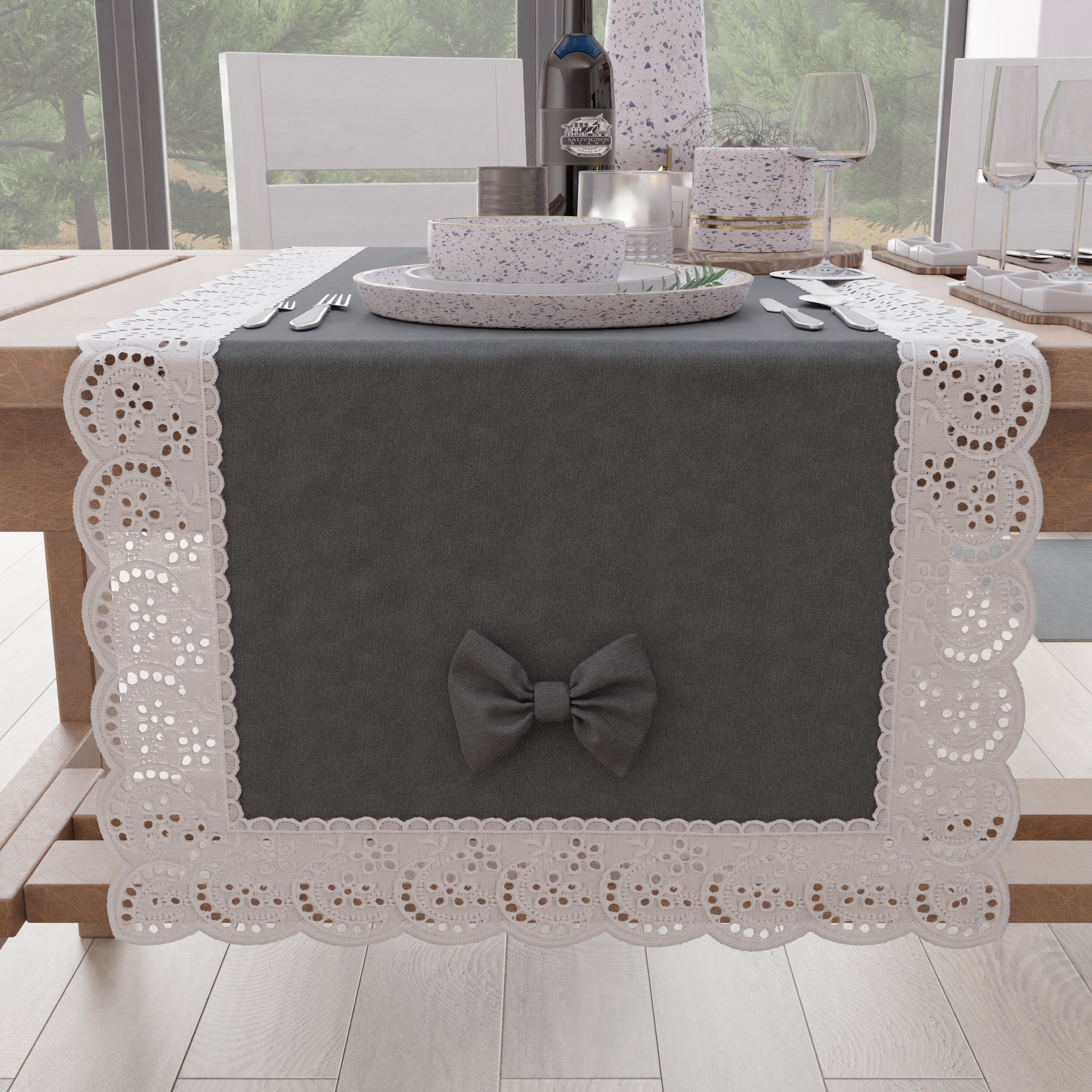 Runner da Tavolo Elegante Shabby Chic con Pizzo e Fiocchi Grigio Scuro
