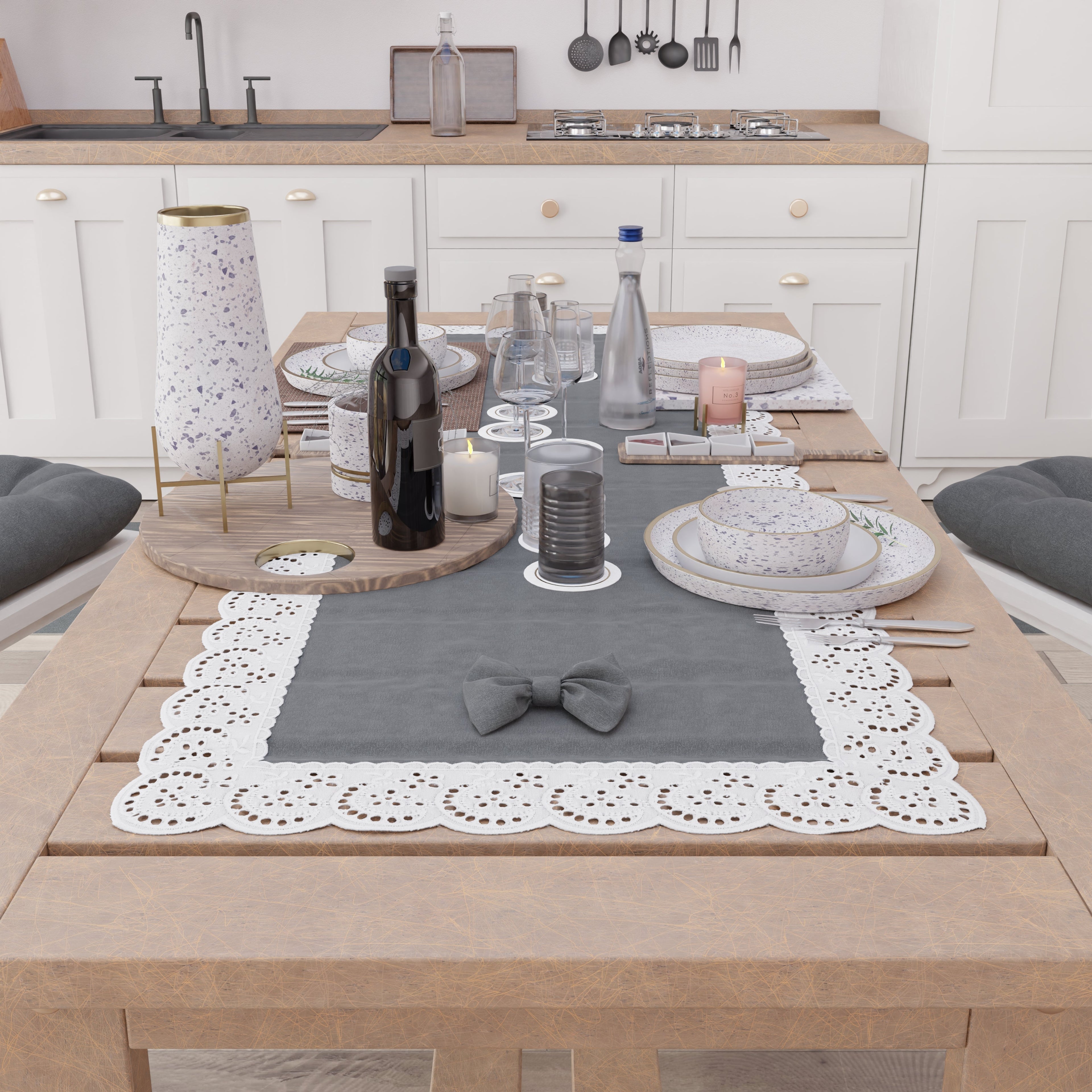 Runner da Tavolo Elegante Shabby Chic con Pizzo e Fiocchi Grigio Scuro