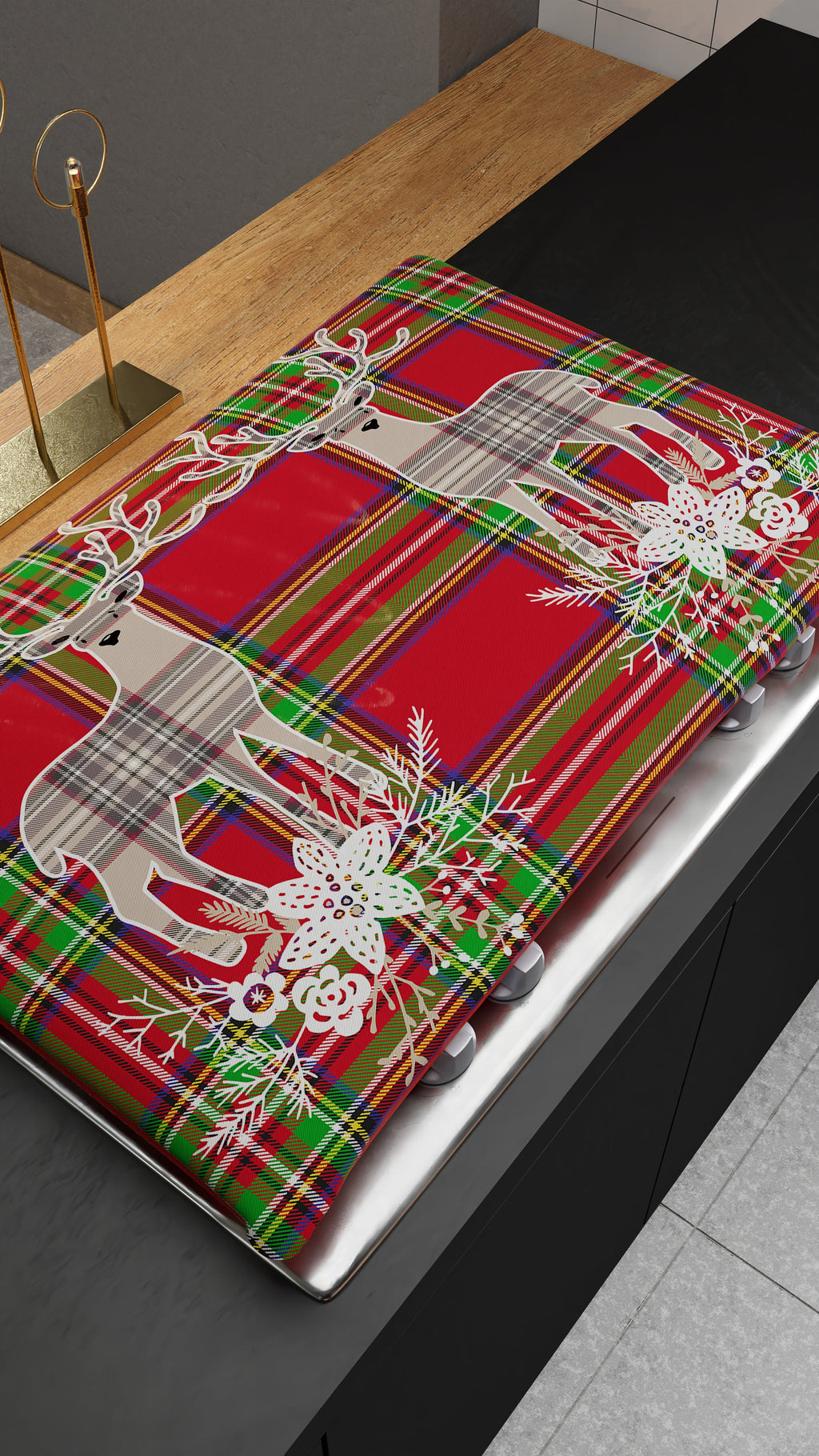 Coprifornello Natalizio Coprifuochi Cucina in Stampa Digitale Renna Beige.