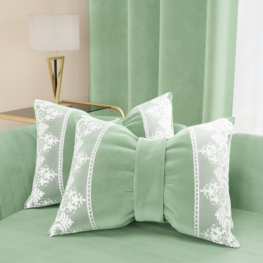 Cuscino Arredo Fiocco in Velluto e Balza con Pizzo Rebrodè 40x50 cm, Cuscino divano Salvia By Sissy