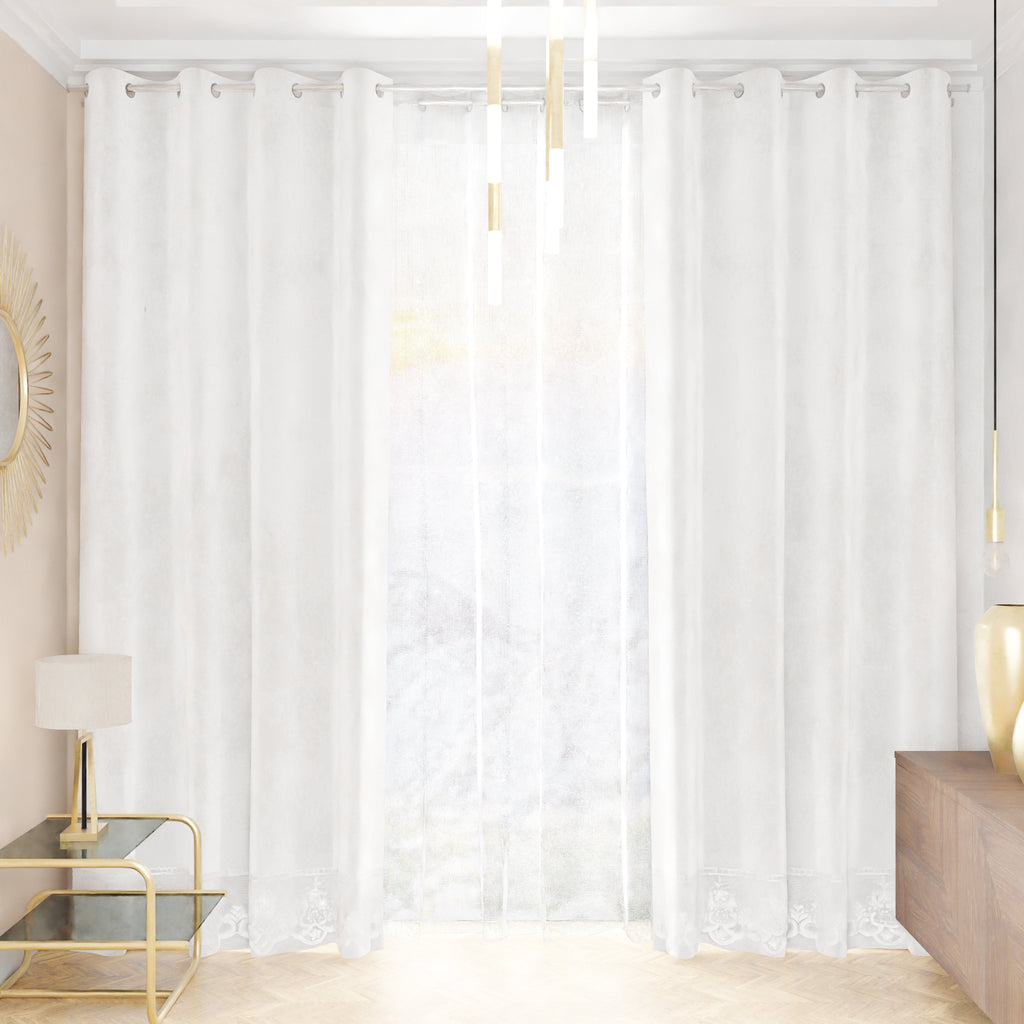 Tenda a Pannello in Velluto per Interni con Anelli e Pizzo Rebrodè, 140x280 cm, Bianco by Sissy