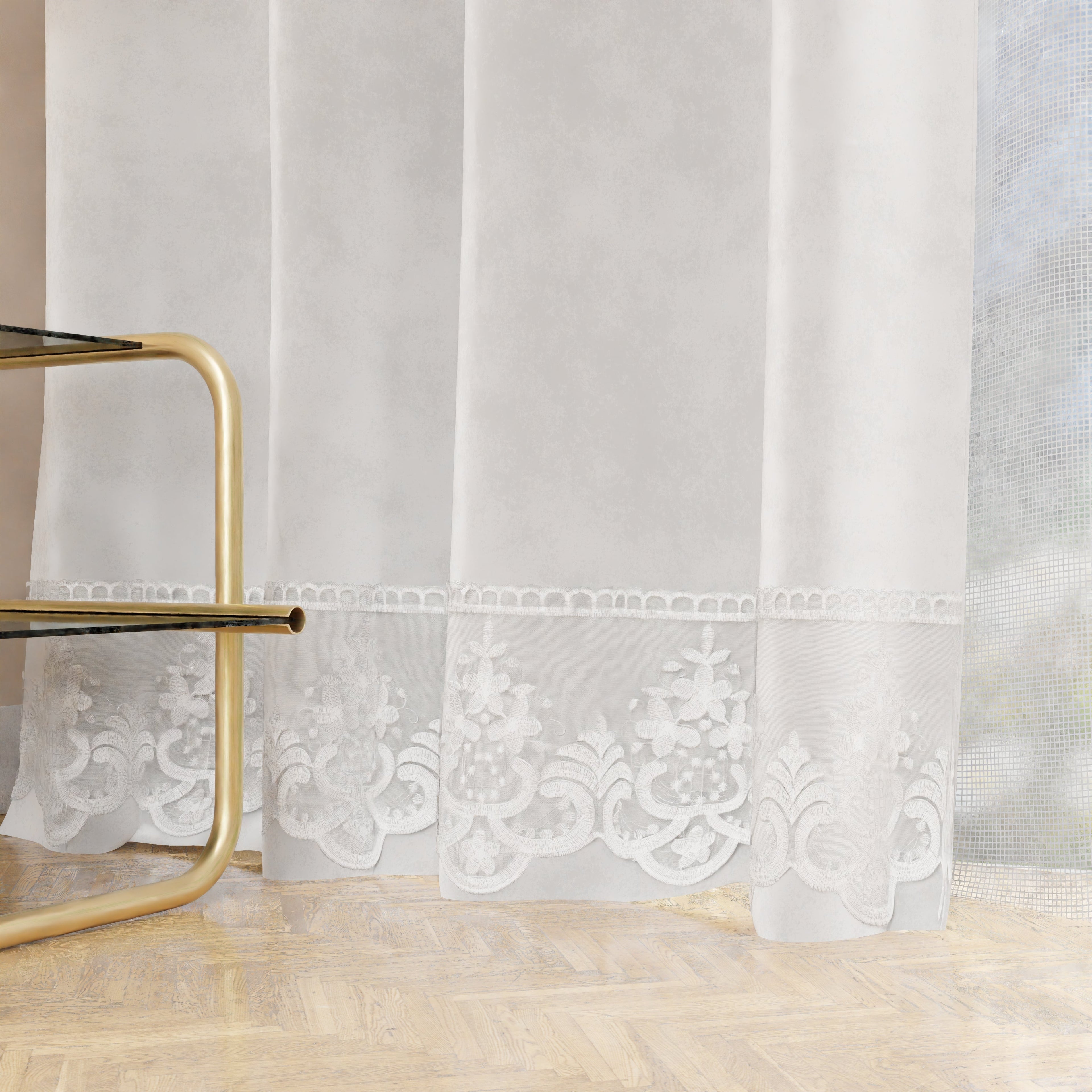Tenda a Pannello in Velluto per Interni con Anelli e Pizzo Rebrodè, 140x280 cm, Bianco by Sissy