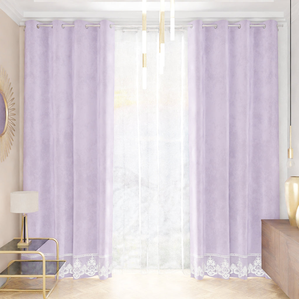 Tenda a Pannello in Velluto per Interni con Anelli e Pizzo Rebrodè, 140x280 cm, Lilla by Sissy