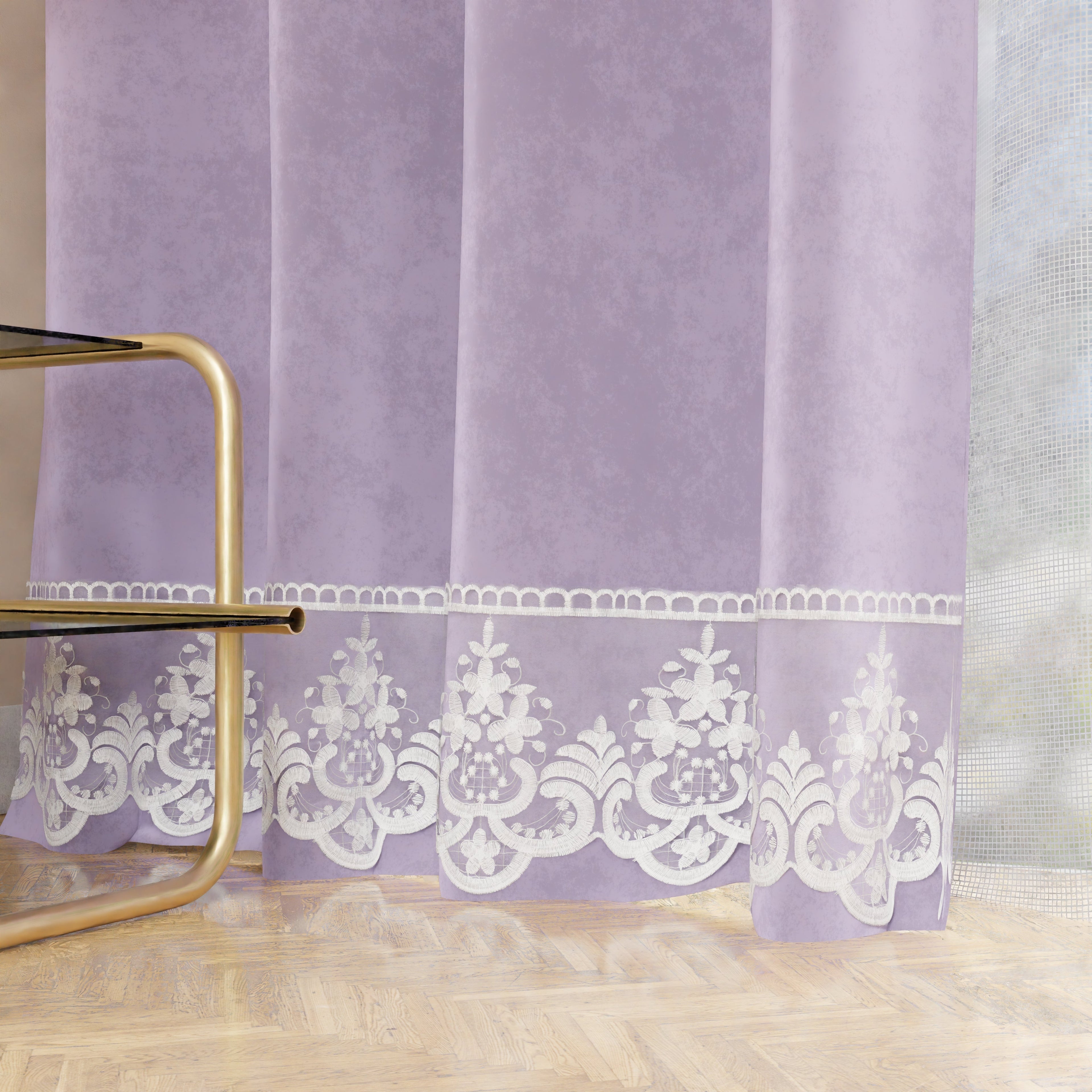 Tenda a Pannello in Velluto per Interni con Anelli e Pizzo Rebrodè, 140x280 cm, Lilla by Sissy