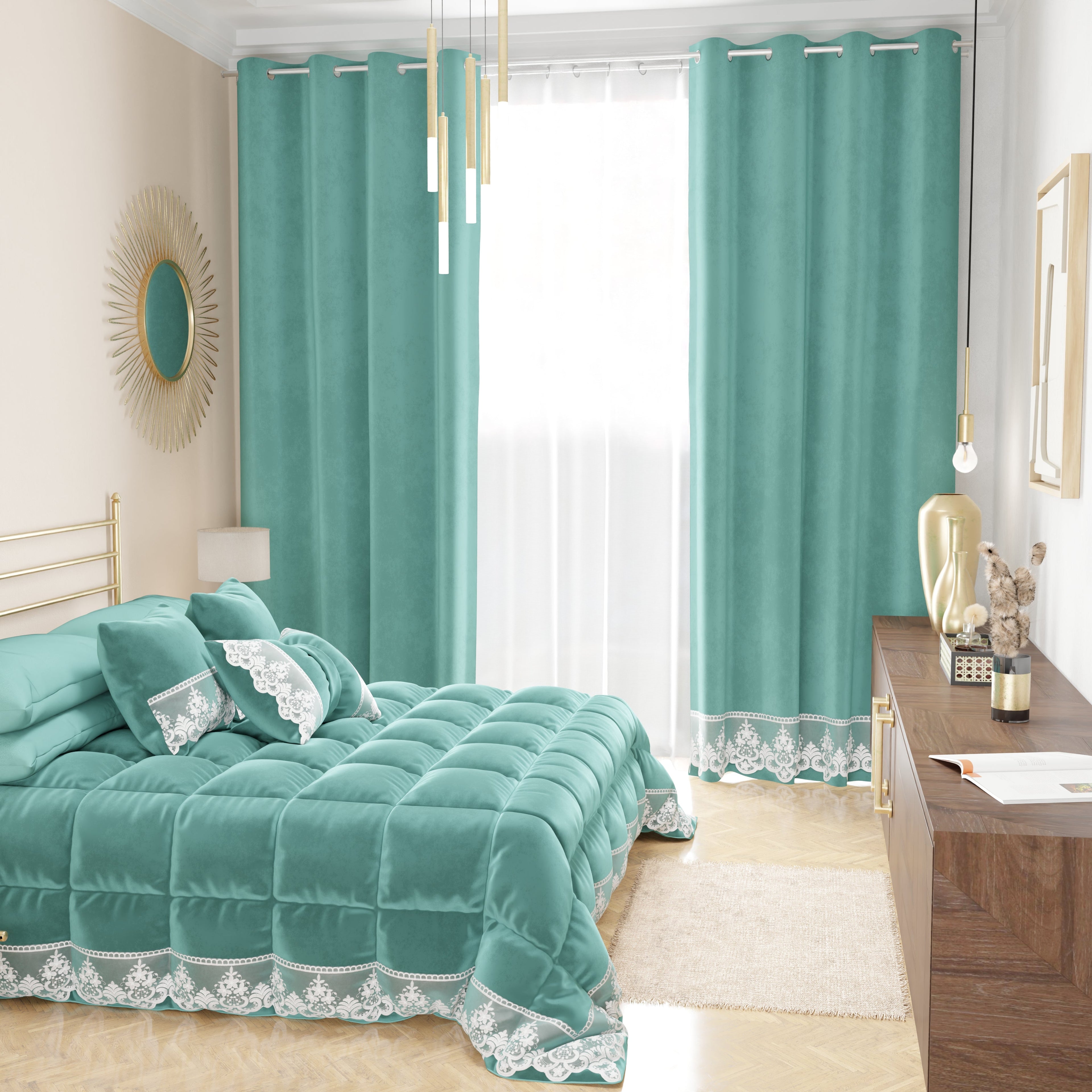 Tenda a Pannello in Velluto per Interni con Anelli e Pizzo Rebrodè, 140x280 cm, Tiffany by Sissy