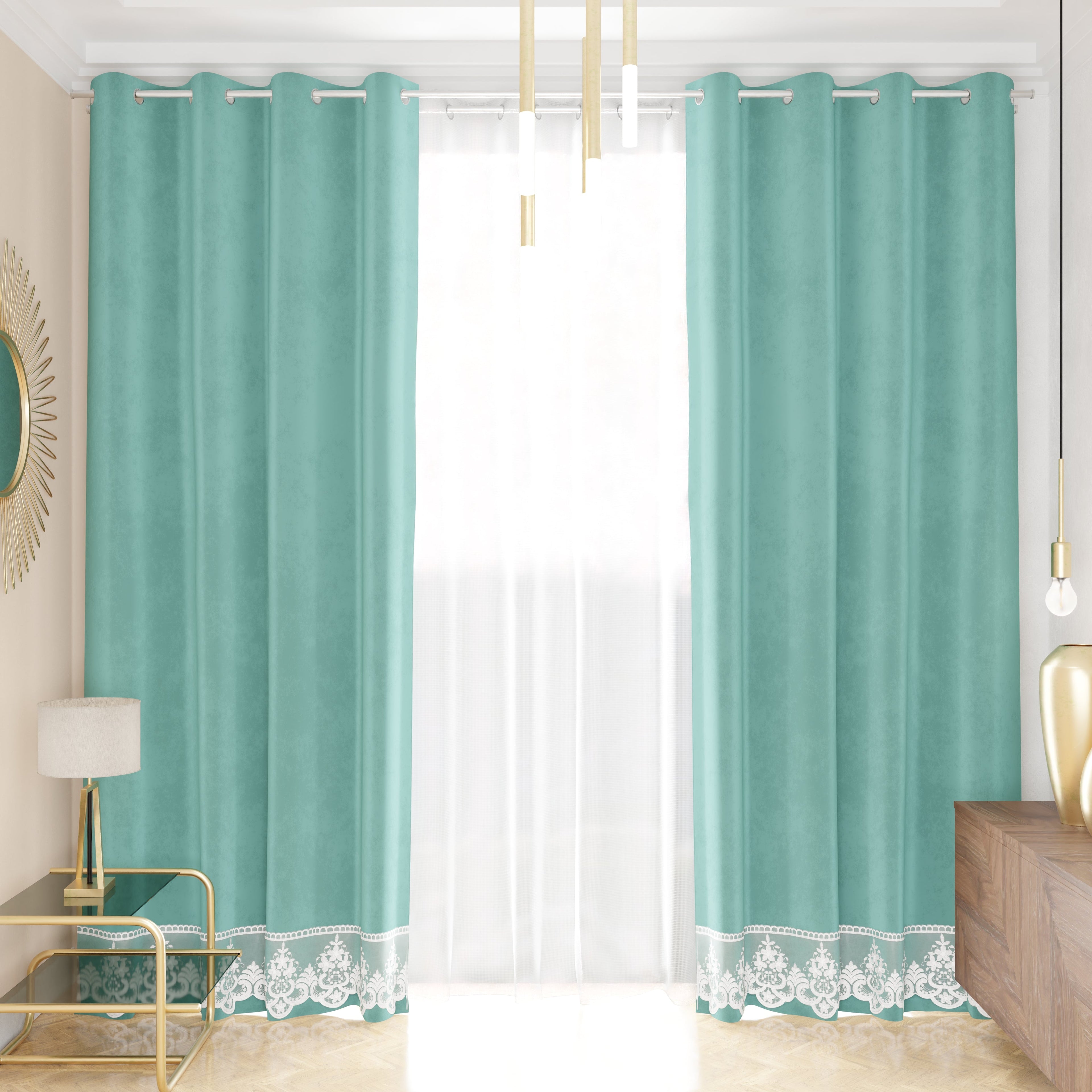 Tenda a Pannello in Velluto per Interni con Anelli e Pizzo Rebrodè, 140x280 cm, Tiffany by Sissy