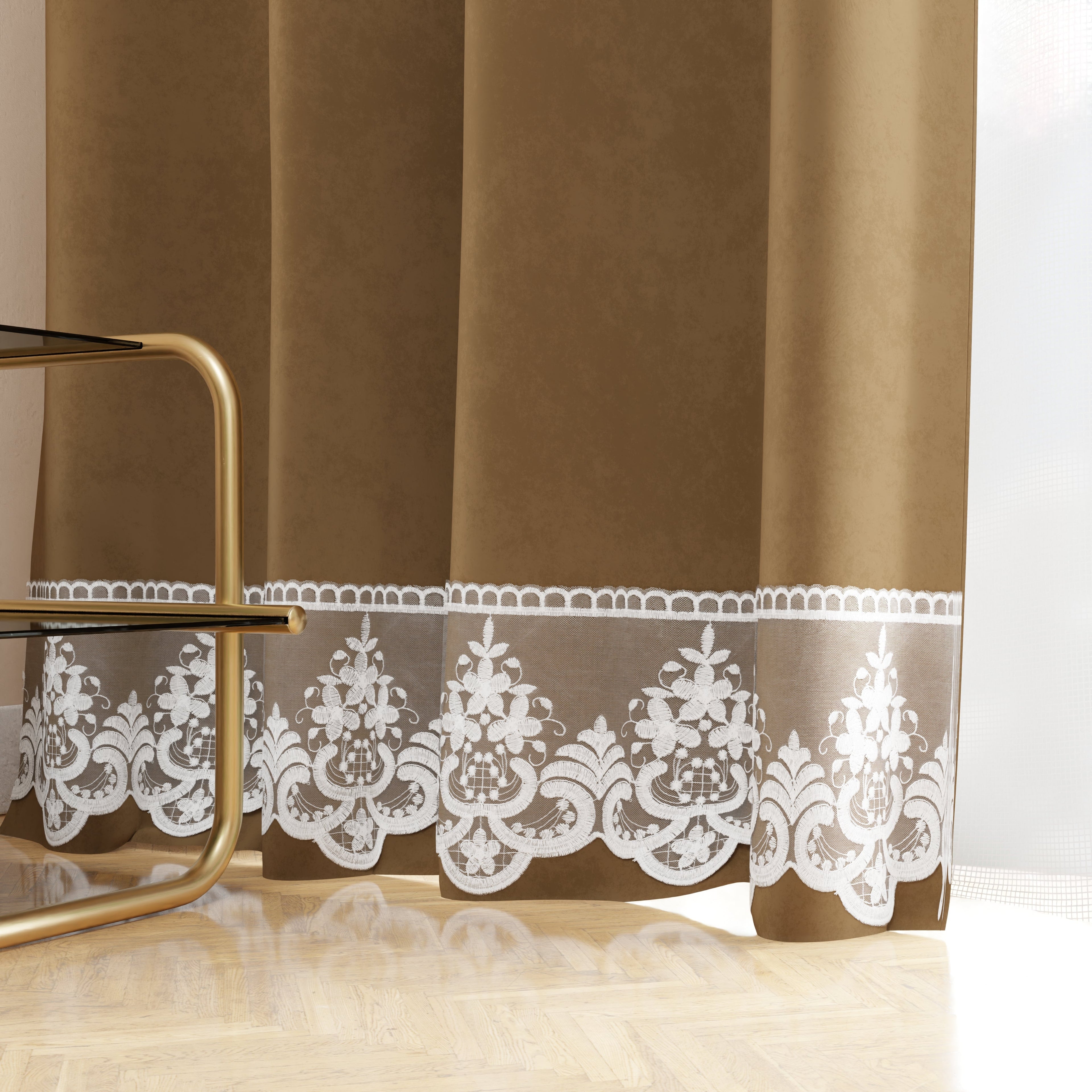 Tenda a Pannello in Velluto per Interni con Anelli e Pizzo Rebrodè, 140x280 cm, Tortora by Sissy