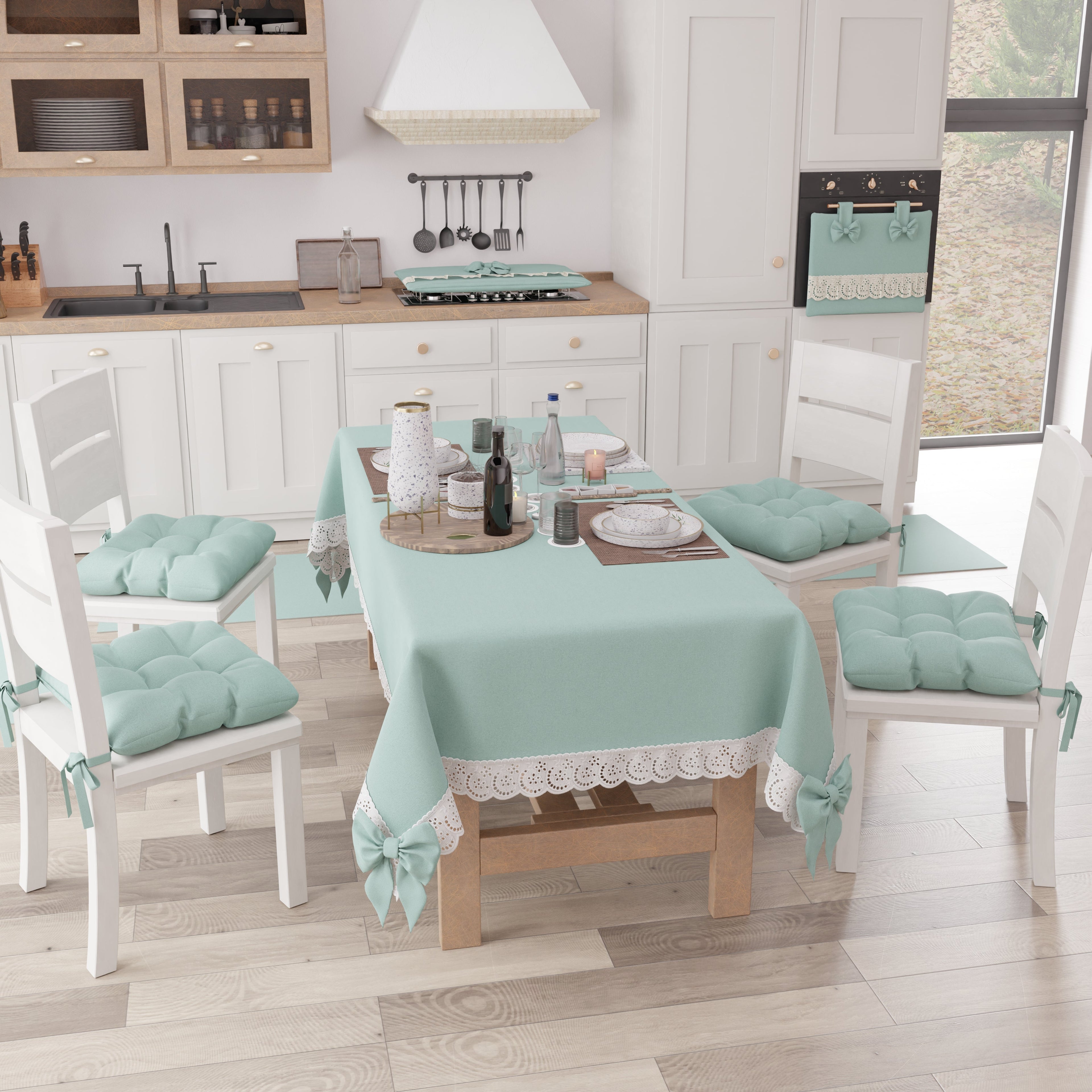 Coprifornello Coprifuochi Shabby Chic con Pizzo e Fiocco Verde Acqua