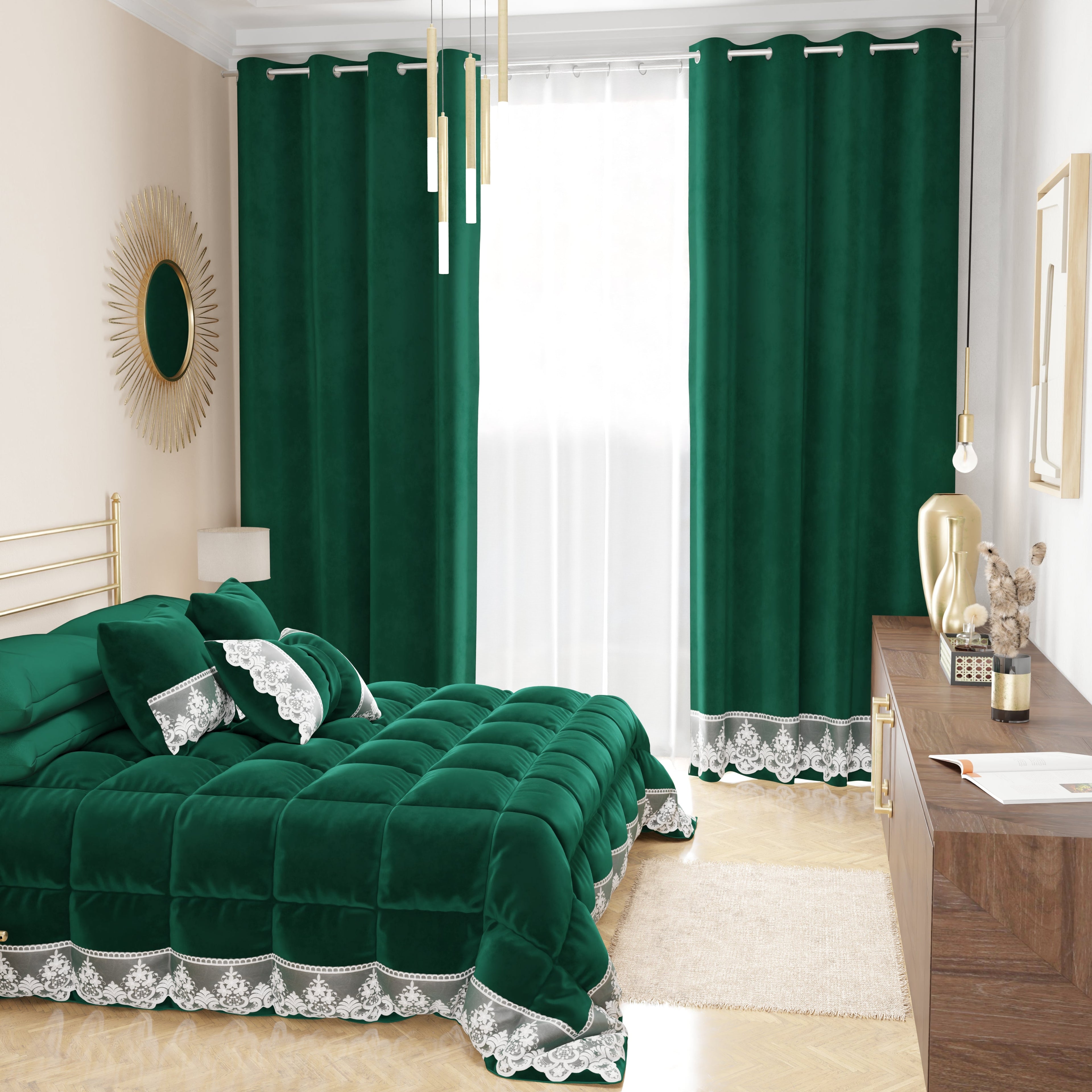 Tenda a Pannello in Velluto per Interni con Anelli e Pizzo Rebrodè, 140x280 cm, Smeraldo by Sissy