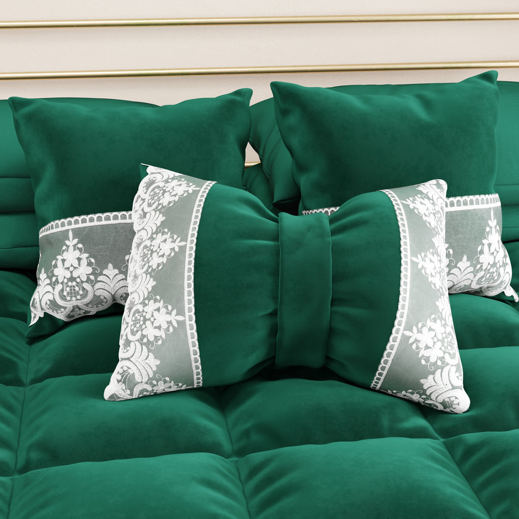 Cuscino Arredo Fiocco in Velluto e Balza con Pizzo Rebrodè 40x50 cm, Cuscino divano Smeraldo By Sissy