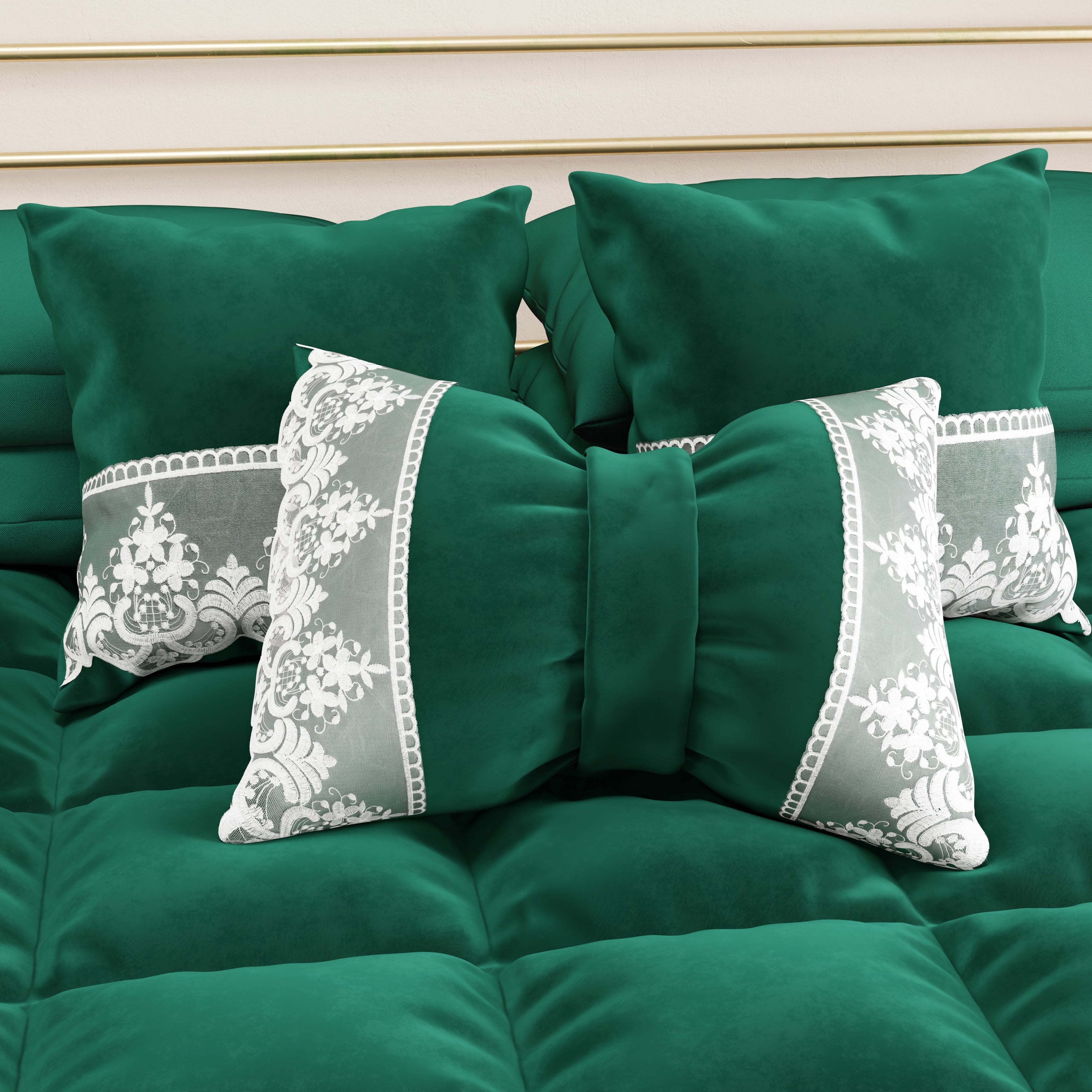 Cuscino Arredo Fiocco in Velluto e Balza con Pizzo Rebrodè 40x50 cm, Cuscino divano Smeraldo By Sissy