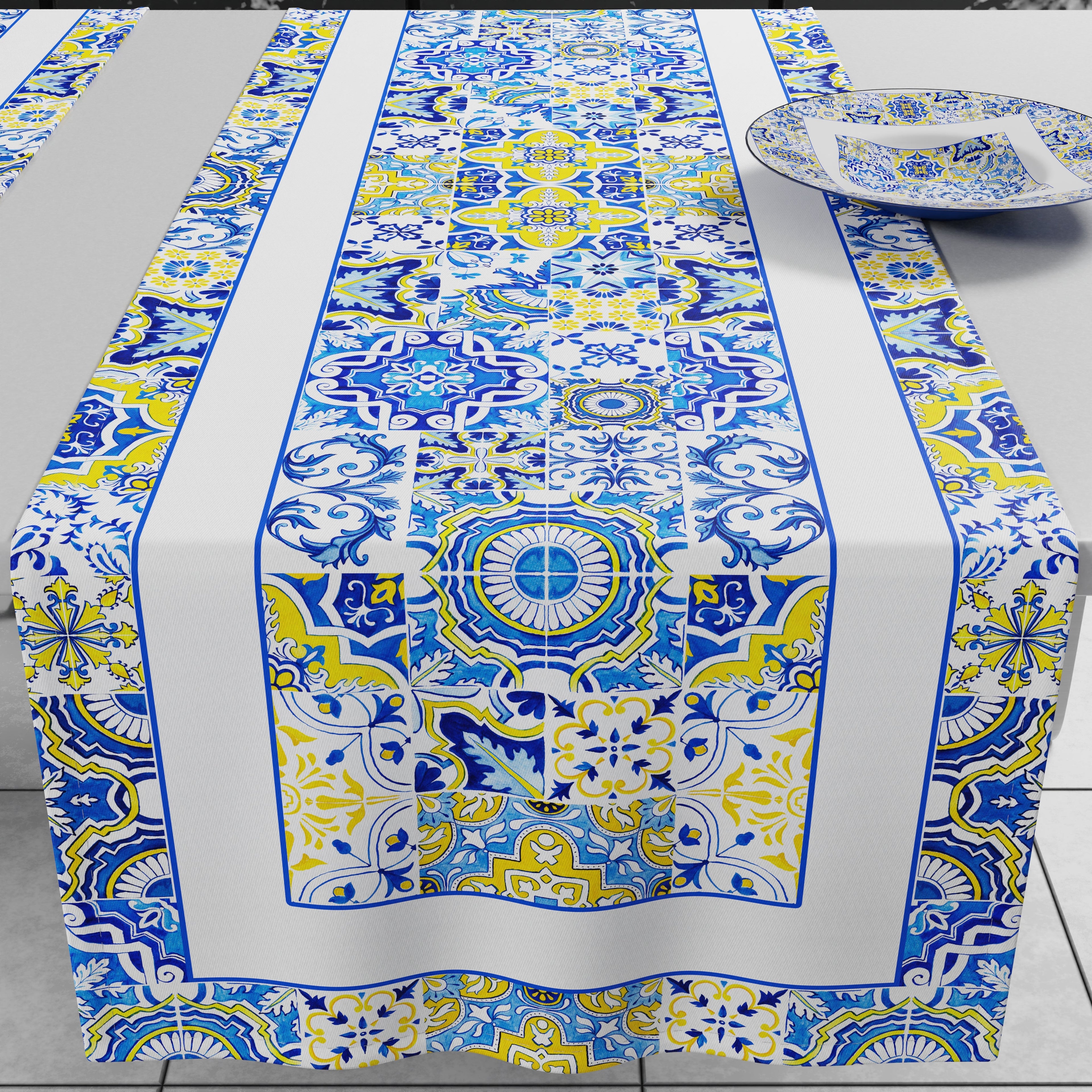 Runner Tavola Geometrico, Tovaglia Runner Geometrico, Runner Cucina Vietri 02 Blu