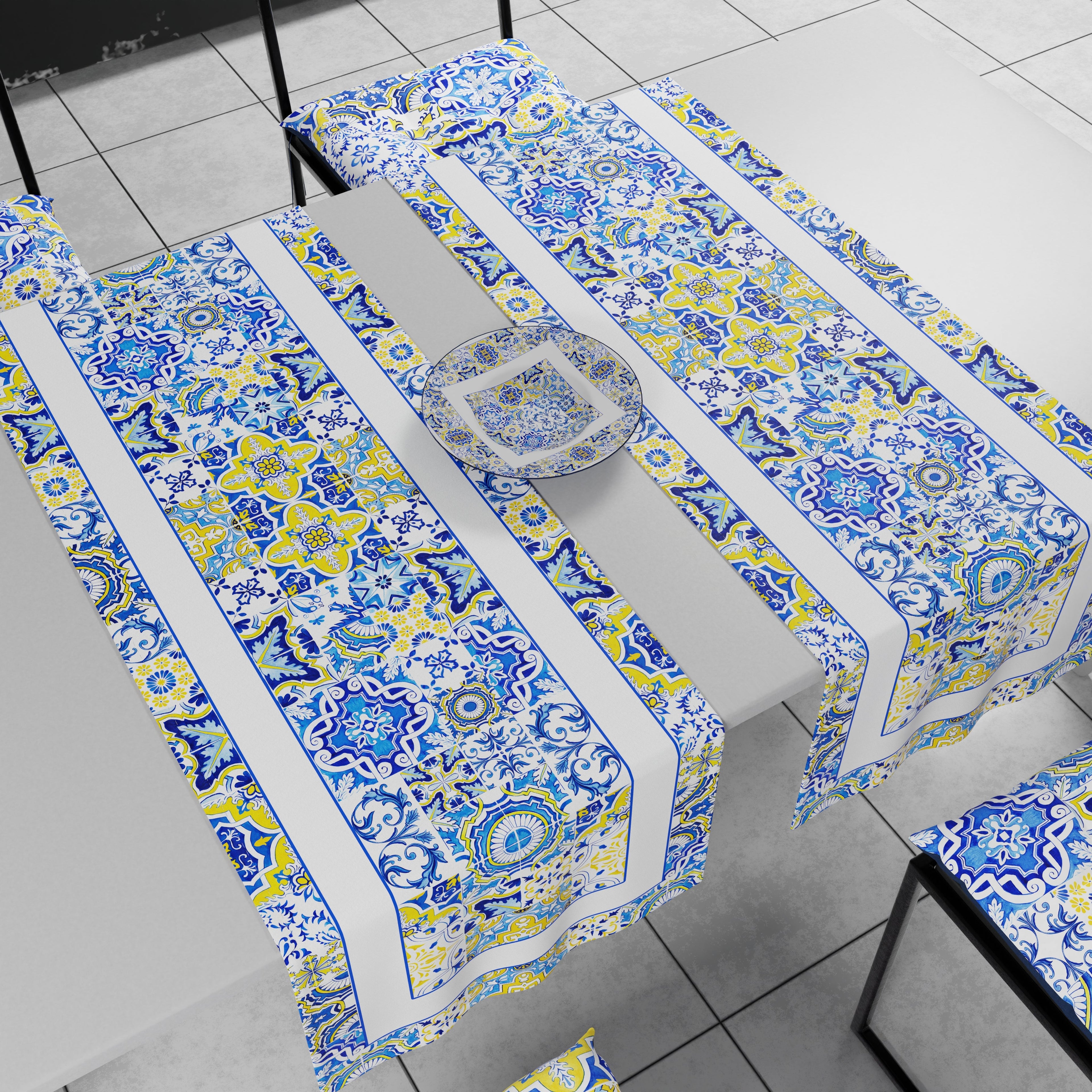 Runner Tavola Geometrico, Tovaglia Runner Geometrico, Runner Cucina Vietri 02 Blu